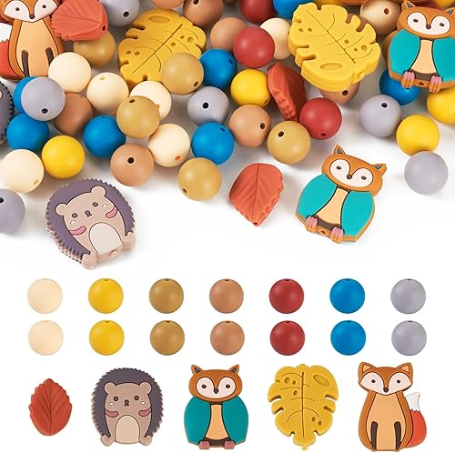 Beadthoven - Cuentas de silicona de 0.59 pulgadas (0.591 in) con diseño de animales del bosque otoñal, cuentas focales rústicas para Acción de