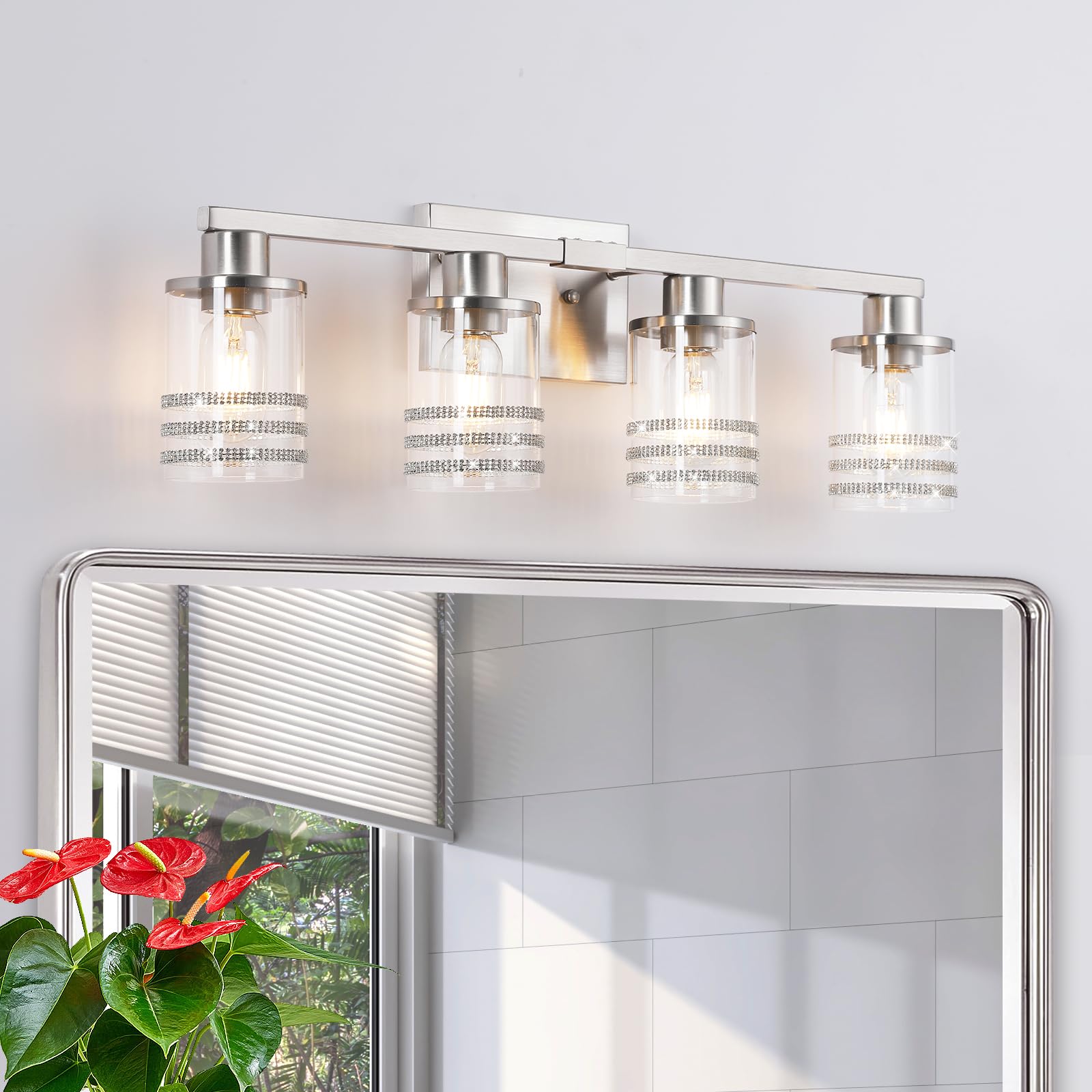 YYT Brushed Nicekl Bathroom Light Fixtures 4 Light Bathroom Vanity Light Brushed Nicekl Vanity Lights for Bathroom with Clear Glass Shade