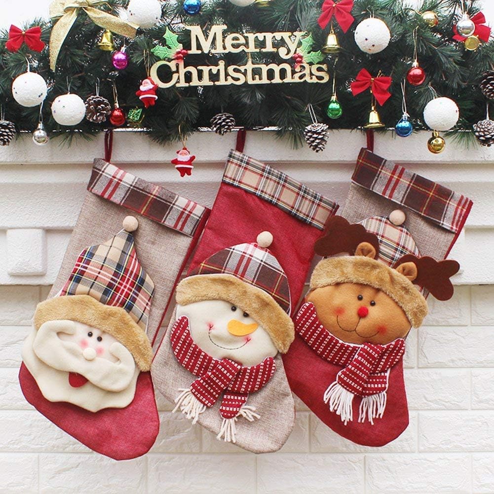 YAMUDA 3 Pcs New Year Christmas Stockings Socks Plaid Santa Claus Candy Gift Bag Xmas Tree Hanging Ornament Decoration