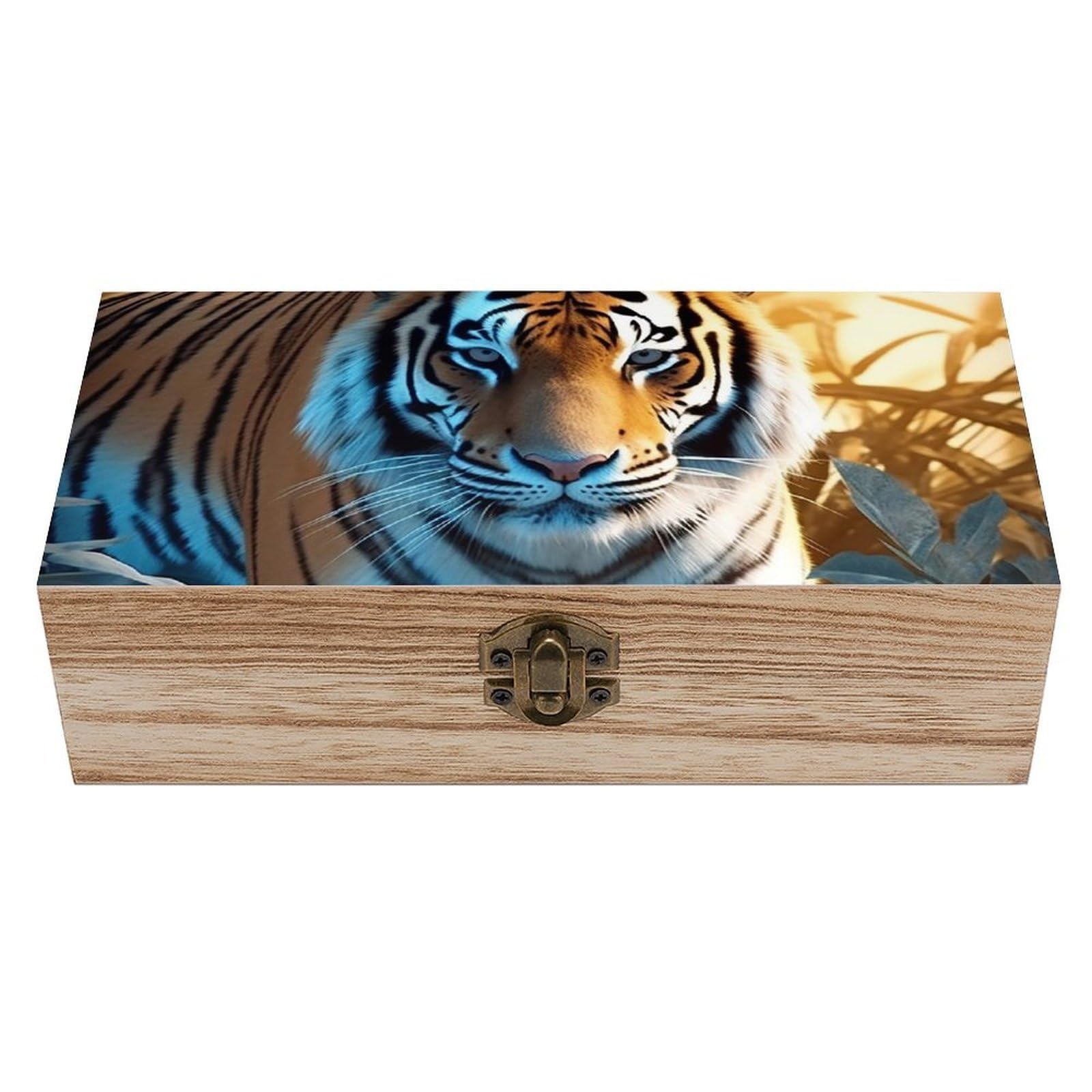Oudrspo African Wildlife Tiger Wooden Keepsake Box Decorative Memory Storage Box with Hinged Lid Small Jewelry Keepsake Boxes for Storing Gift Pictures Letters Time Capsule