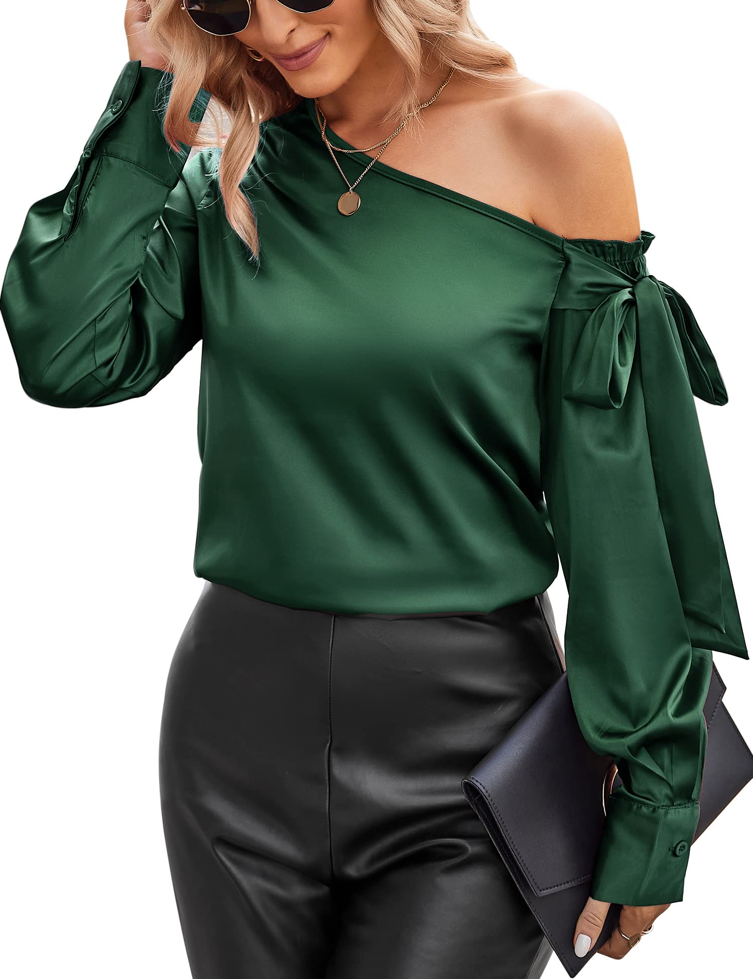 VIDUSSA Blusa de seda con hombros descubiertos para mujer, informal, manga corta, cuello asimétrico, blusa de satén