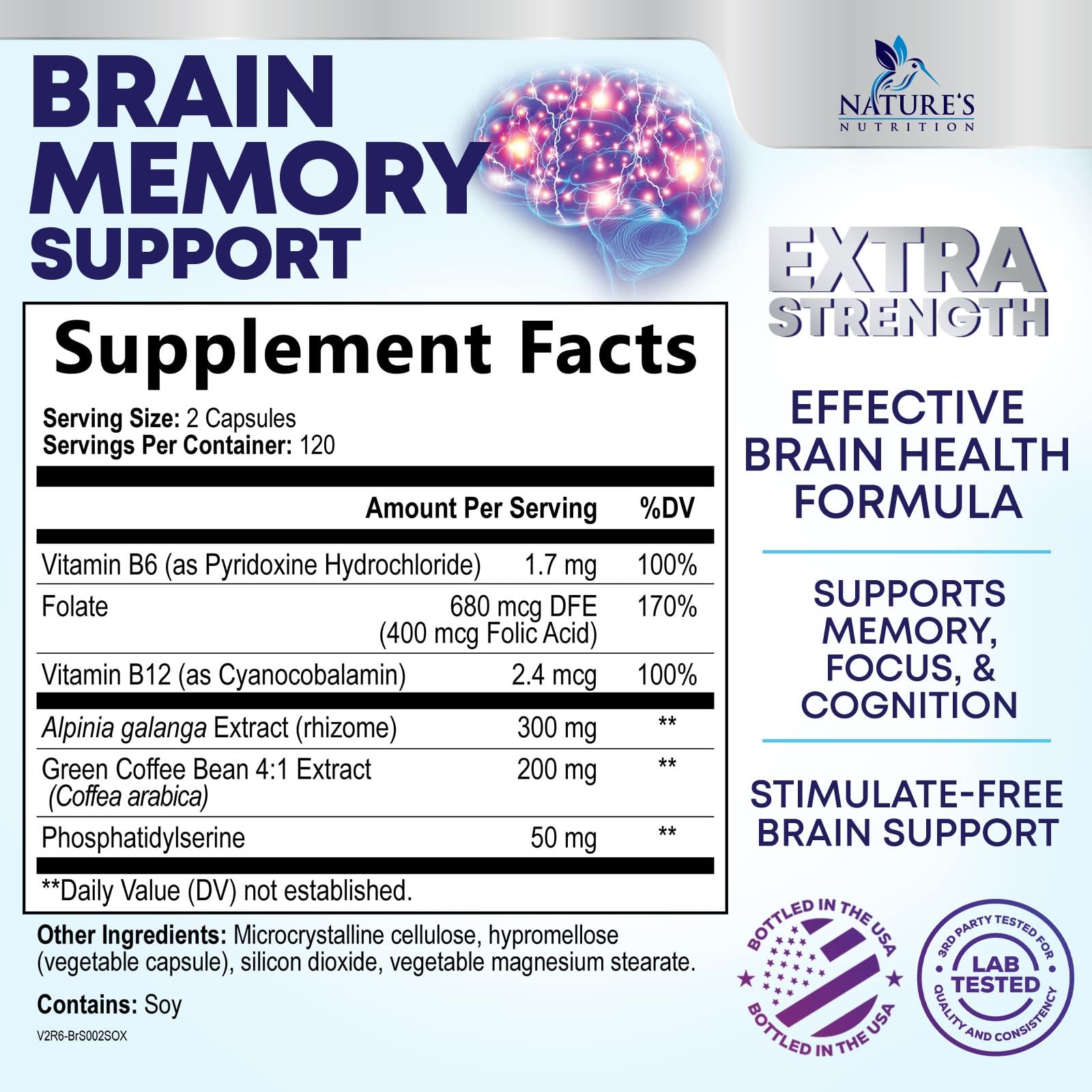 Brain Memory Supplement Pills - 3X Strength Nootropics for Concentration, Clarity & Focus Support - Brain Cognitive Vitamins with Phosphatidylserine & Green Coffee Bean, Brain Booster - 240 Capsules — Amazon image 2