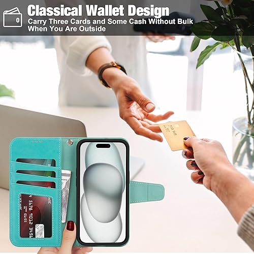 Miniatura 28 de Arae Compatible with iPhone 15 Case with Card Holder and Wrist Strap Wallet Flip Cover for iPhone 15 6.1 inch,Wine Red