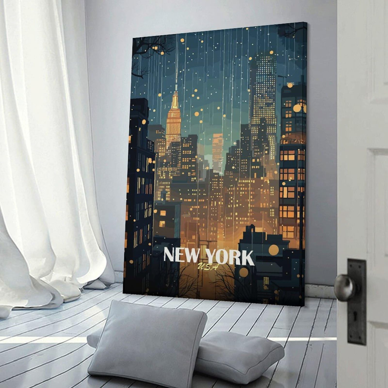 Junmoney New York Cityscape at Night Home Decor Wall Art, 24x36inch(60x90cm), for Living Room, Bedroom Or Home Office, Home Decor Gift with Stylish Appeal