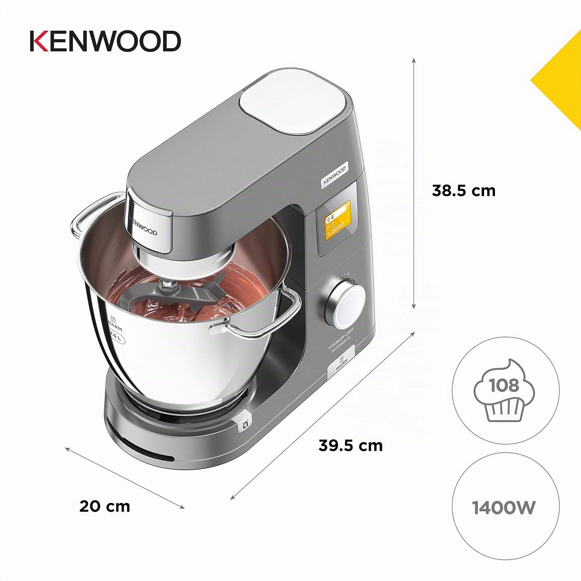 Kenwood Titanium Chef Pattissier - Robot de Cocina (1400 de potencia, bol de 7 litros y batidora de vaso de cristal incluidos, 4 herramientas, pantalla tactil), Color Plata
