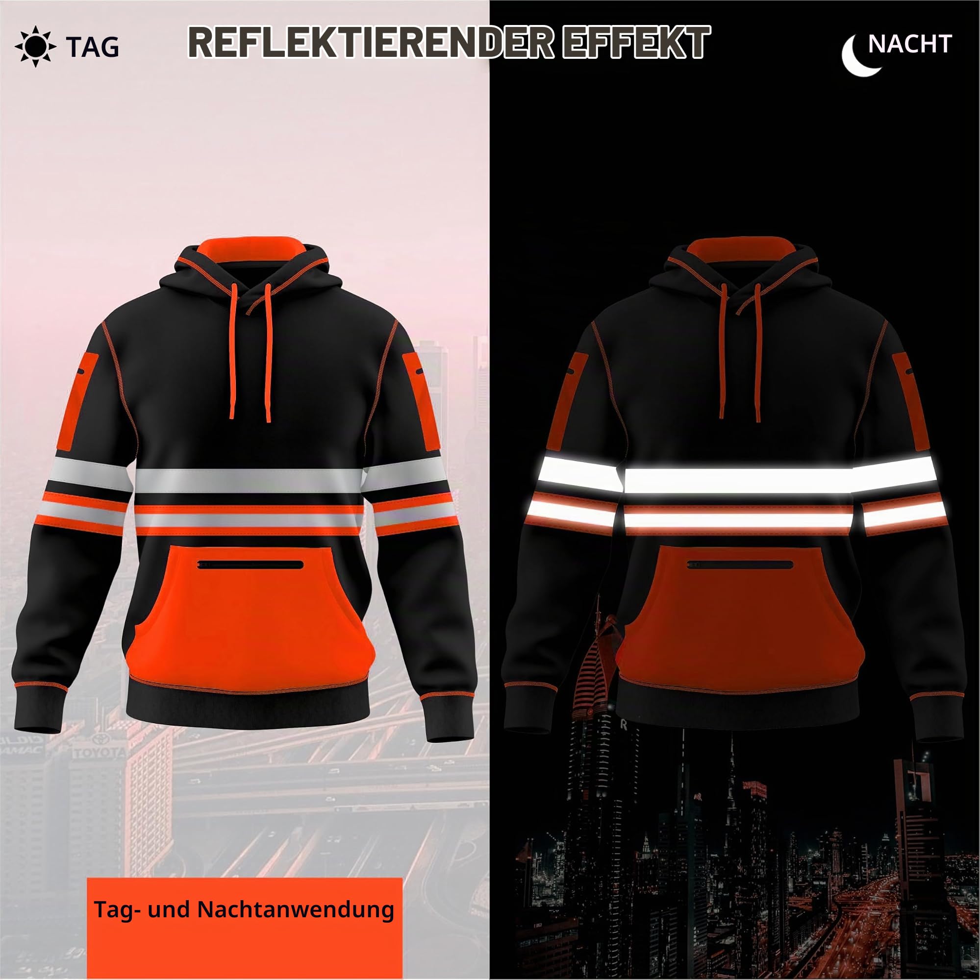 TORO ACTIVA Herren Hi Vis Arbeitskleidung, Kapuzenpullover, Sicherheits-Reflektorband, hohe Sichtbarkeit, mehrere Reißverschlusstaschen, S-2XL