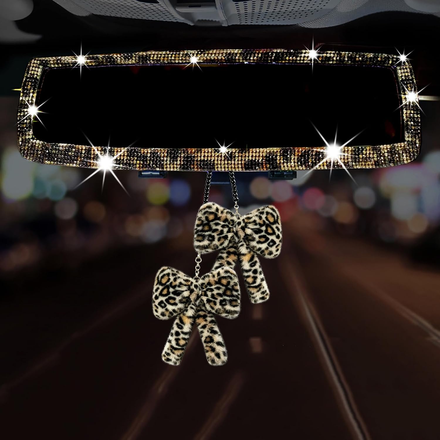 Bling Rhinestone Car Rear View Mirror, Car Rear View Mirror with Crystal Butterfly Rear View Mirror Trim Accessories for Women,Car Interior Trim. (Brown Leopard)