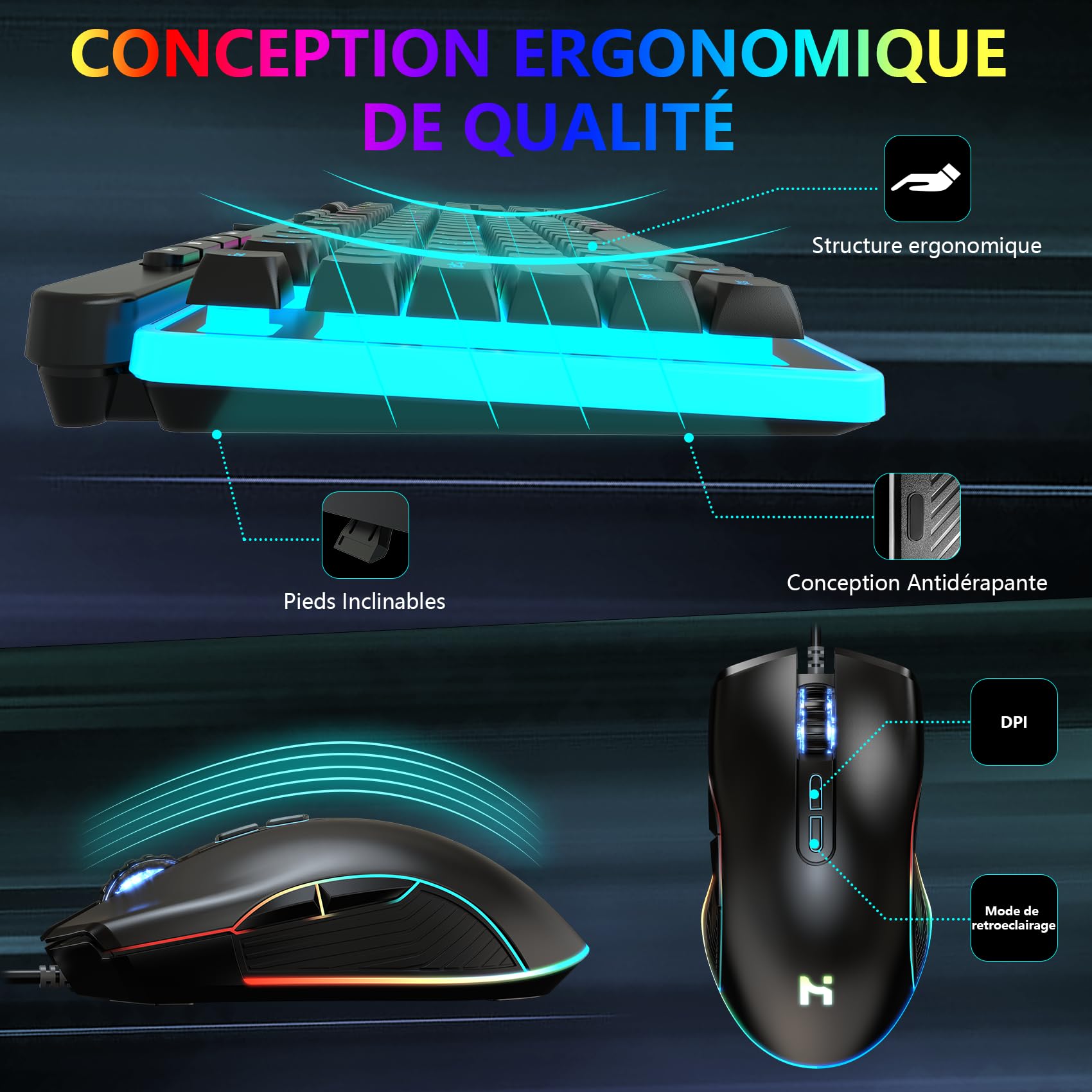 HLONONE Pack Clavier Souris Gaming - Ergonomique Clavier Souris Gamer Filaire - Éclairage LED Arc-en-Ciel - Clavier Gamer AZERTY Rétroéclairé - Souris Gamer 7200 DPI - AZERTY FRANÇAIS-pour PC PS4 PS5