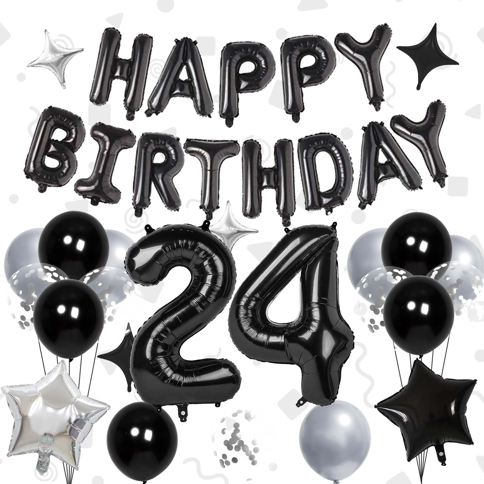 32 Inch 24 Balloon Numbers, Happy Birthday Balloons Banner 16 Inch Foil Letters Balloon Silver and Black Star Balloons for 24th Birthday Decorations