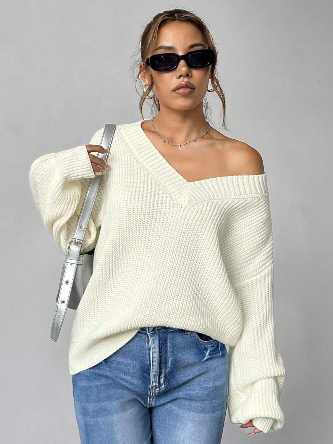 SKAYS Women's Casual V-Neck Sweater Drop Shoulder Long Sleeve Solid Color Knit Pullover - Image 5