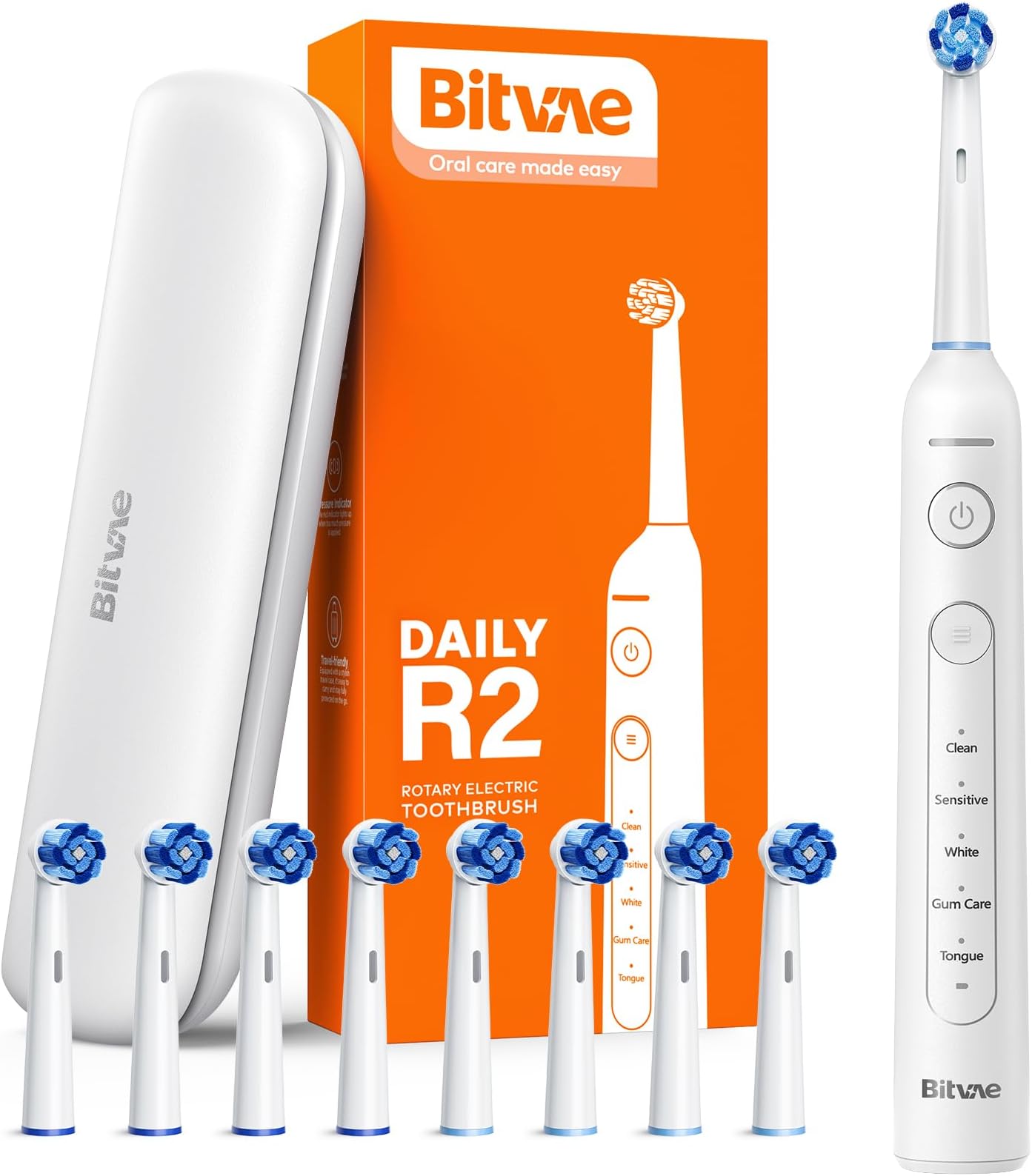Bitvae R2 Rotating Electric Toothbrush for Adults with 8 Brush Heads, 5 Modes Rechargeable Power Toothbrush with Pressure Sensor, White