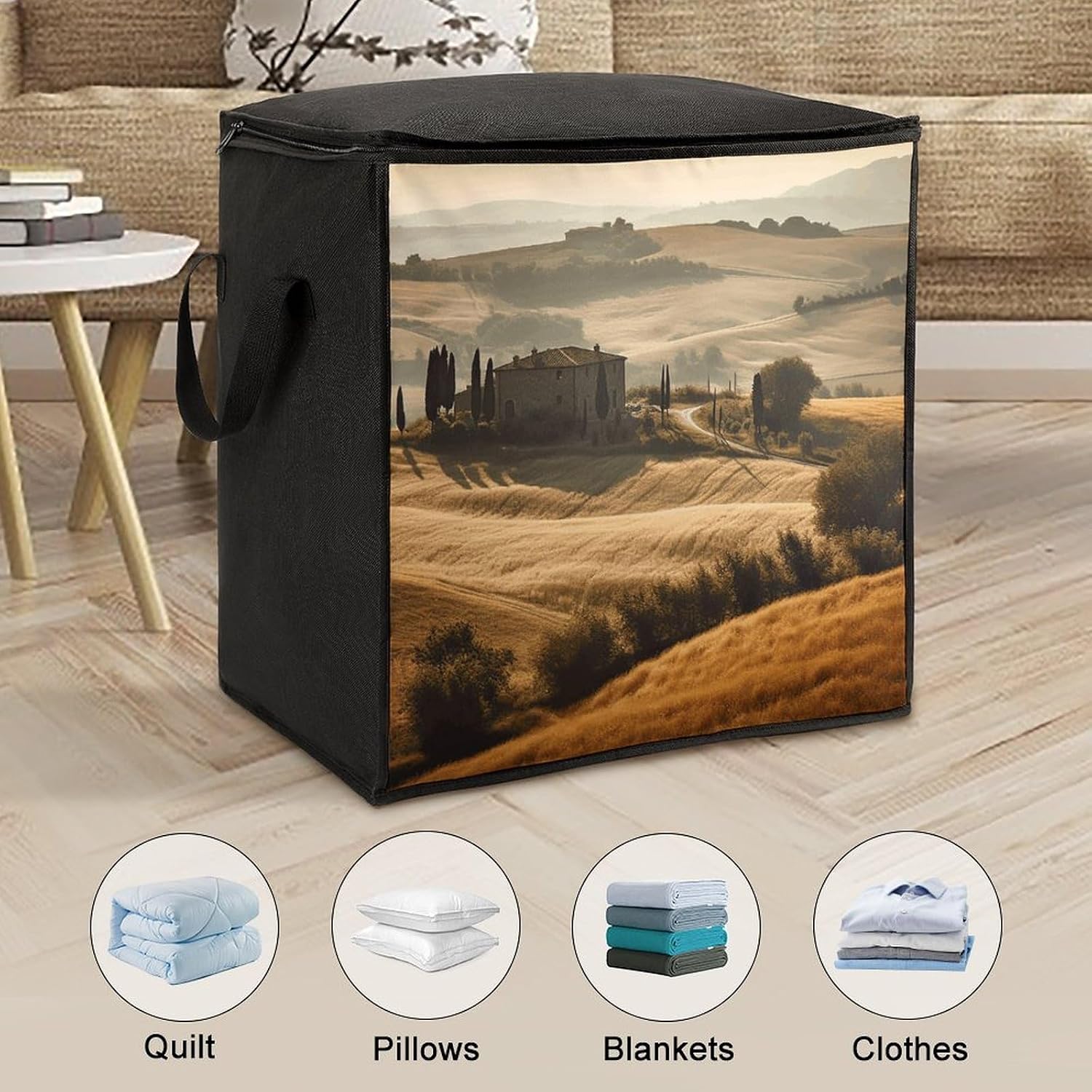 View of Typical Tuscany Landscape Storage Bag with Zippers And Handle Extra Large Bedding Comforter Storage Bag Foldable Blanket Storage Bags Fabric Moving Bags for Closet Organizer (70L)