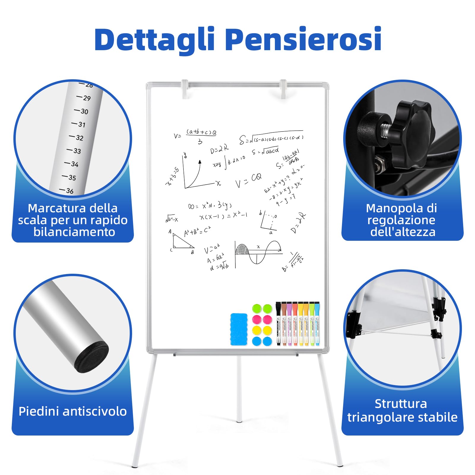 DOLLAR BOSS Supporto per lavagna a fogli mobili 90x60cm, lavagna bianca con supporto, lavagna bianca magnetica, regolabile in altezza, telaio in alluminio