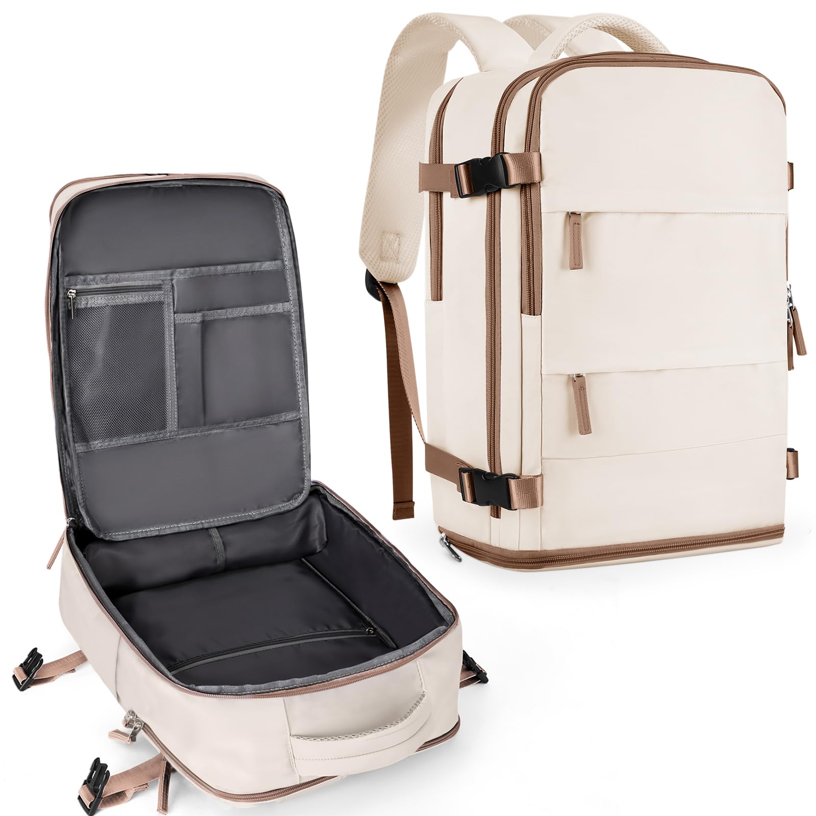 coowoz Large Travel Backpack For Women Men,Carry On Backpack Flight Approved,Hiking Outdoor Rucksack Casual Daypack Travel Bag Essentials Personal Item Backpack (Beige Brown-L)