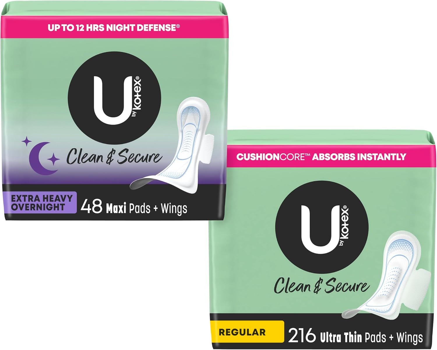U by Kotex Clean & Secure Day/Night Bundle: Ultra Thin Pads with Wings, Regular Absorbency, 216 Count & Overnight Maxi Pads with Wings, Extra Heavy Absorbency, 48 Count (Packaging May Vary)