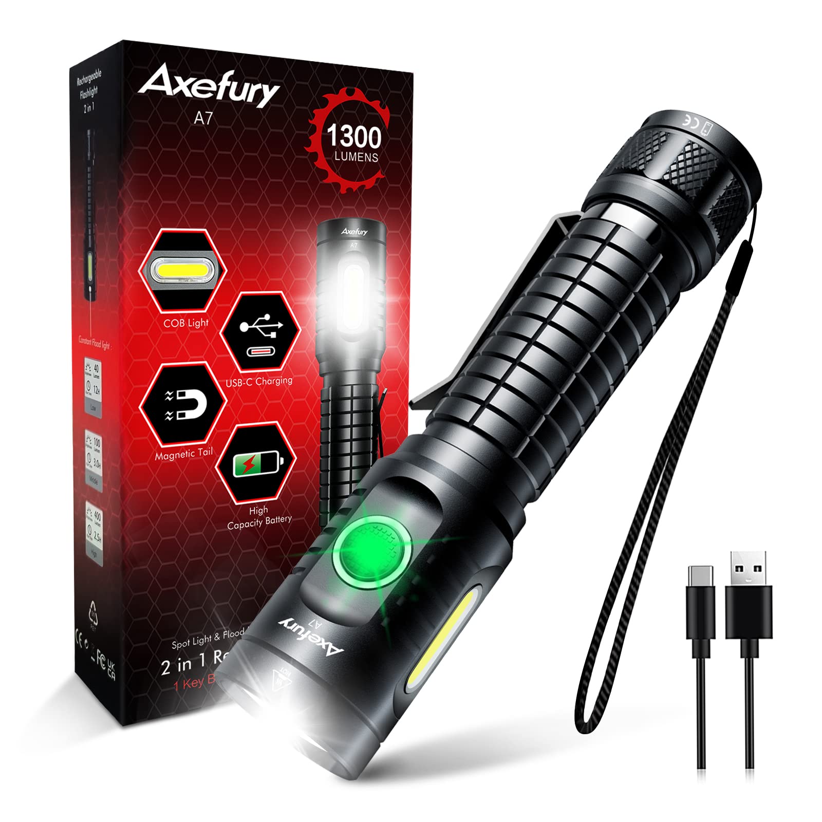 Flashlight, Rechargeable Magnetic LED Flashlight High Powered 1300 Lumens,Tactical LED Light Torch COB Work Light,9 Modes,IP67 Outdoor Gear A7