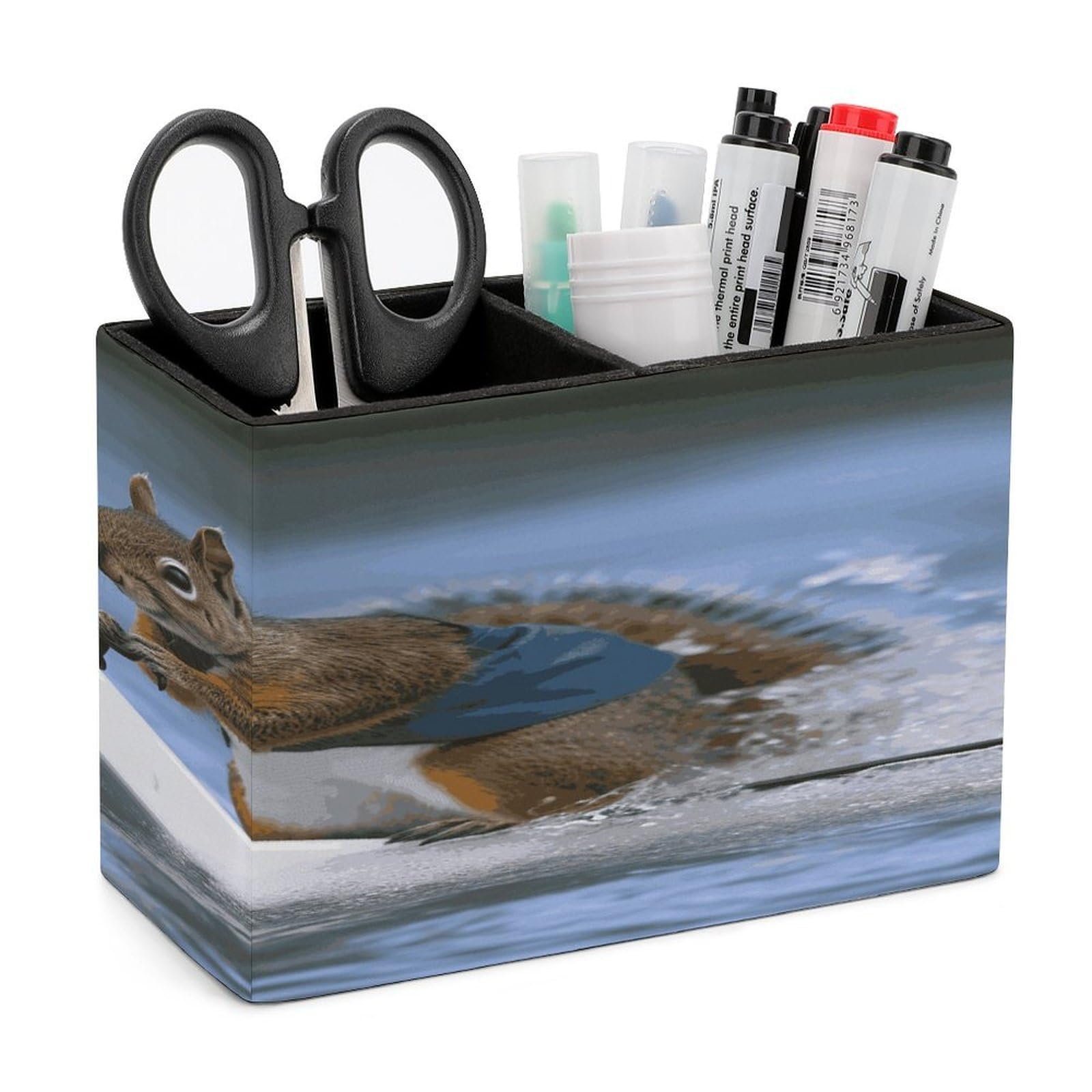 LDGSUPH Water Skiing Squirrel Leather Pen Holder for Desk Organizer Caddy Large Pencil Cup Multi-function Pencil Holder Makeup Brush Holders Pen Organizer for Home Office Storage Box
