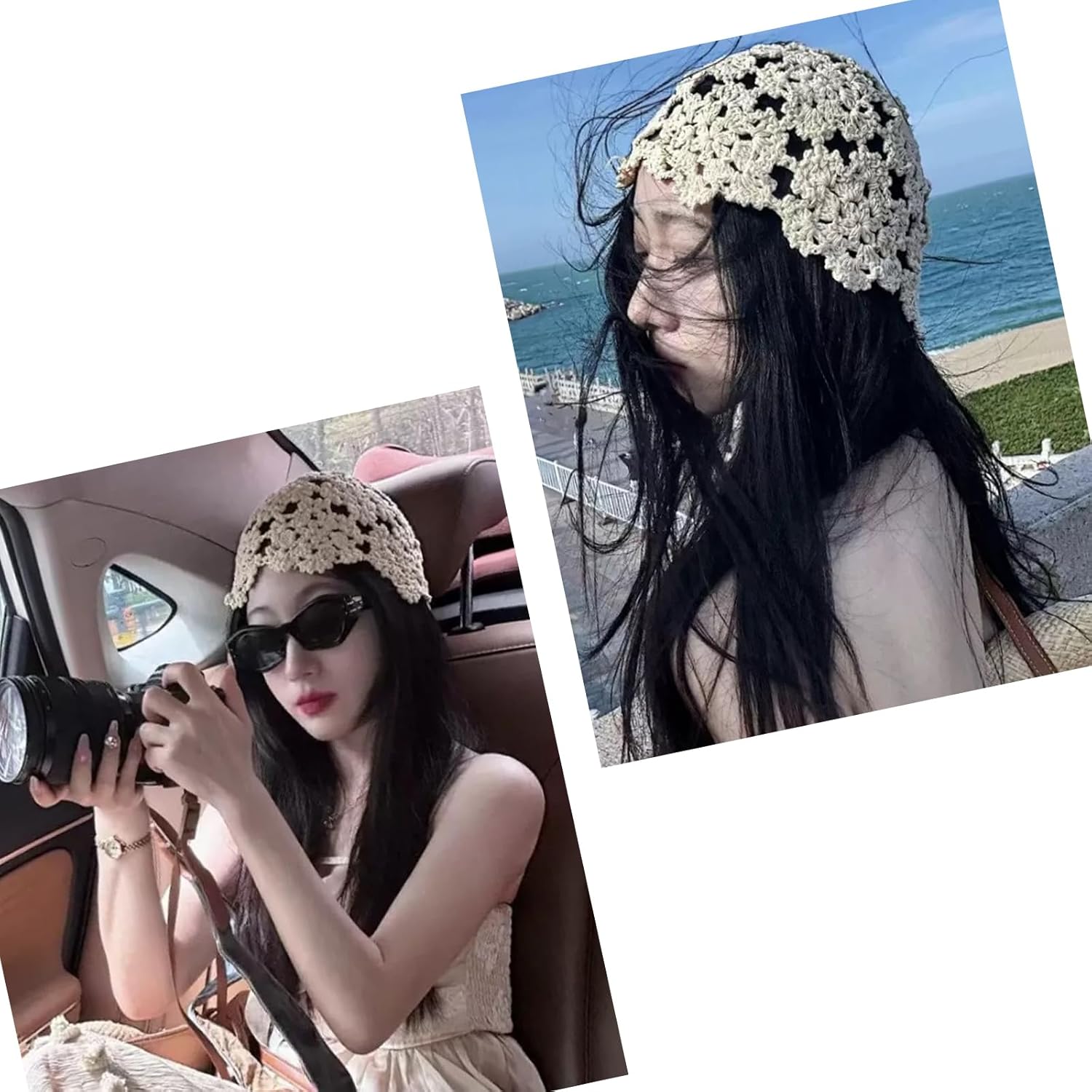 1pc Women Cotton Crochet Skull Cap Handmade Knit Cutout Floral Beanie Hat Hollow Knitted Hat Lightweight (Beige) - Image 7