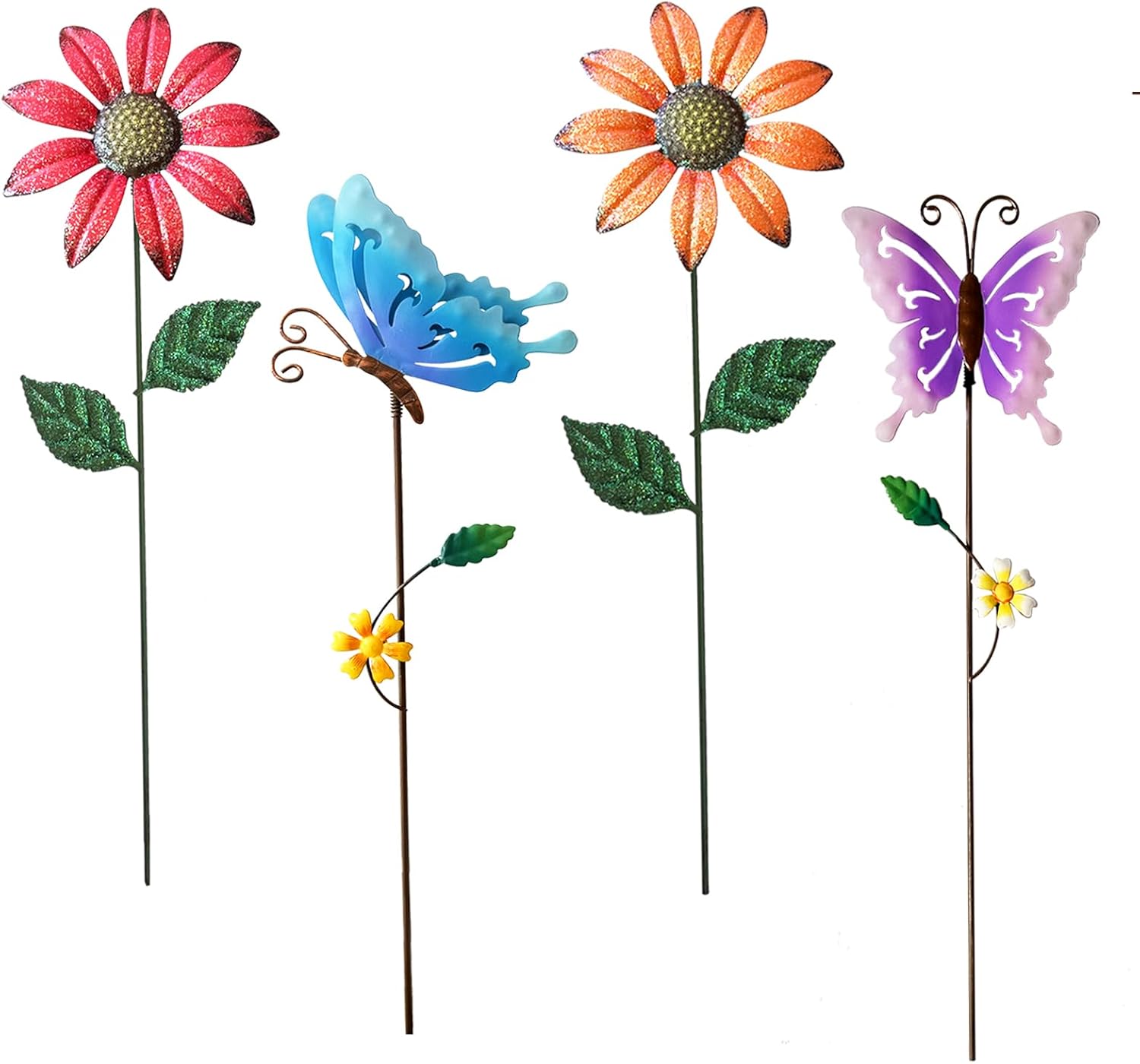 Metal Flowers for Outside, 16.15" 4-Pack Metal Colorful Butterfly & Flower Decorative Garden Stakes for Spring Garden Decor, Shaking Head Yard Art Decorations for Patio Lawn Ornaments