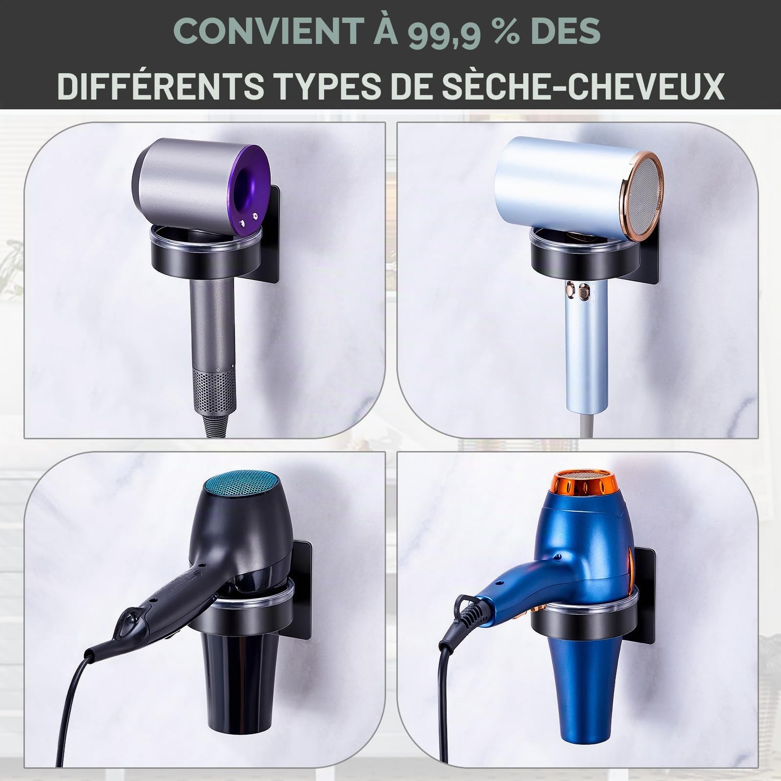 Support Pour Sèche-Cheveux Mural, Porte Sèche-Cheveux, Installation Facile Autocollant Support Seche Cheveux Pour Salle De Bain, Salon De Coiffure (Noir)