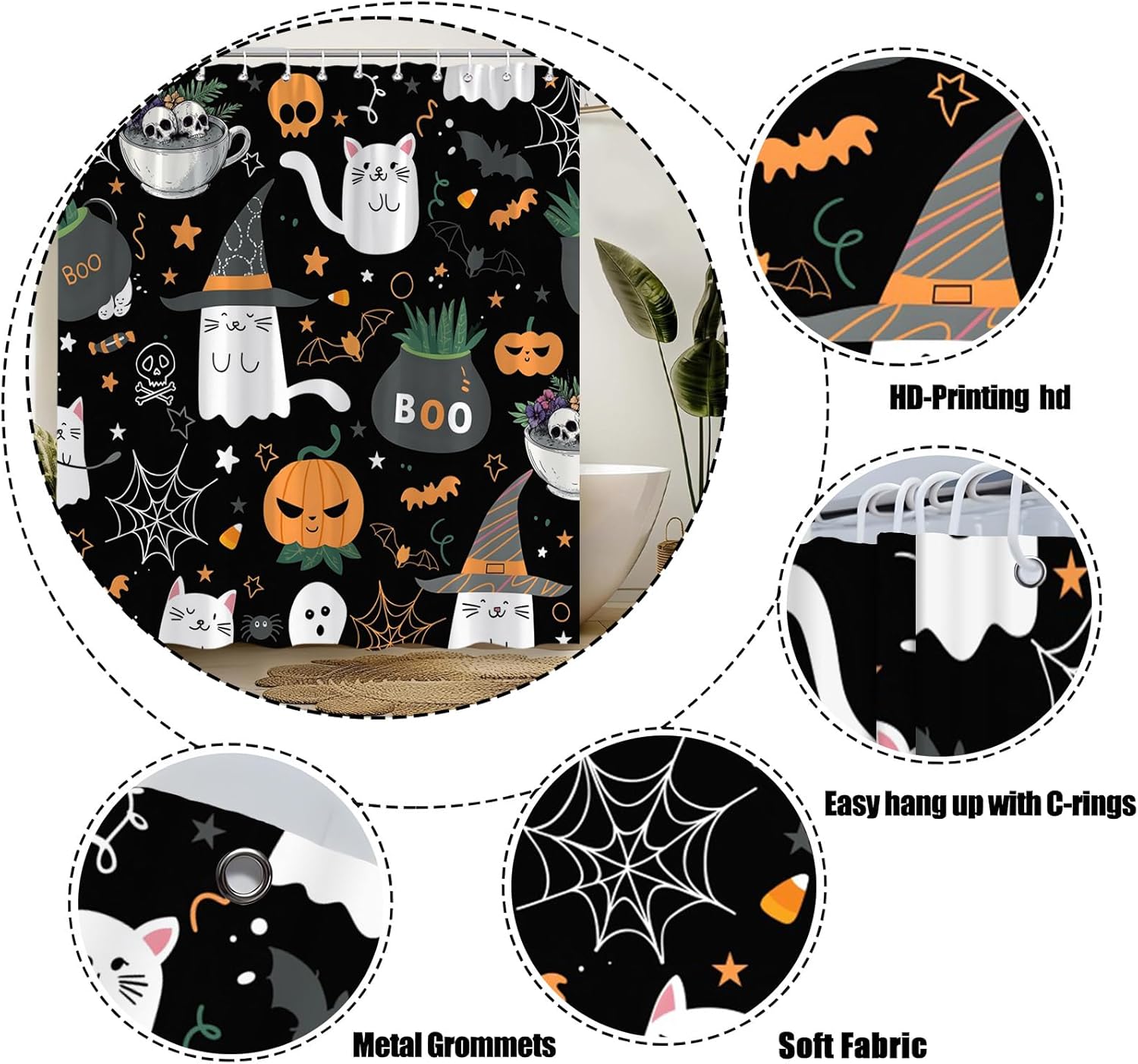 Halloween Cartoon Shower Curtain 70" Wx96 H,Funny Cat Witchy Hat Spooky Bat Pumpkins Skull Cute Gothic Fabric Bathroom Decor Curtains with Hooks,