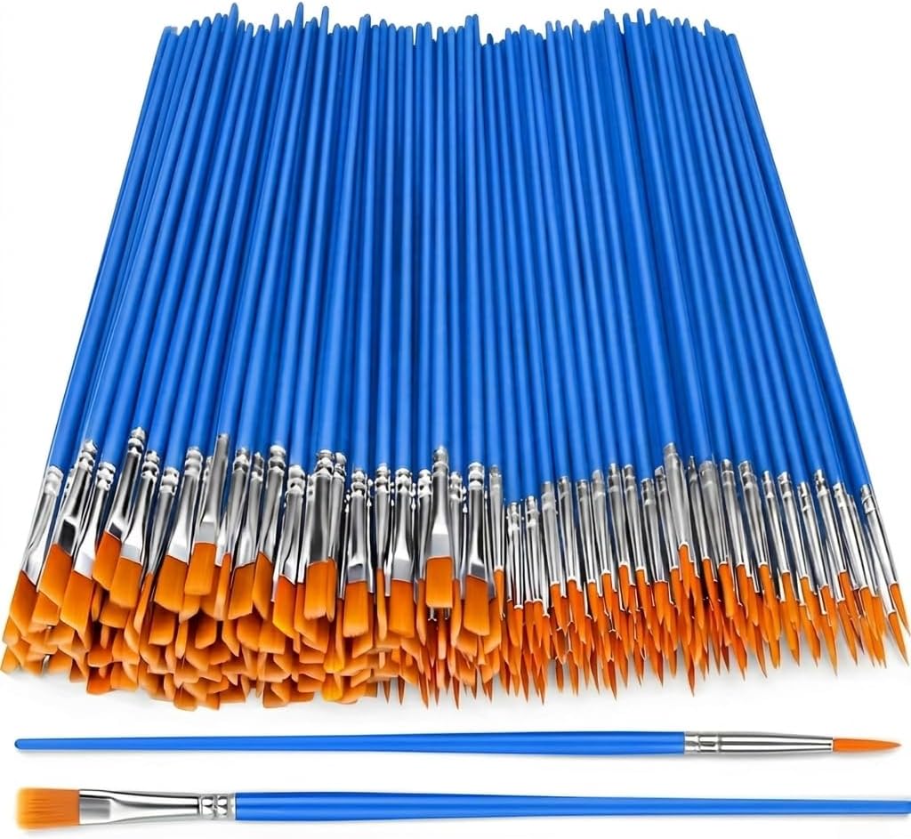 100Pcs Nylon Paint Brushes Set, Professional Artist Brushes for Acrylic Oil Watercolor, Flat and Round Tip for Canvas Rock and Face Painting, Blue
