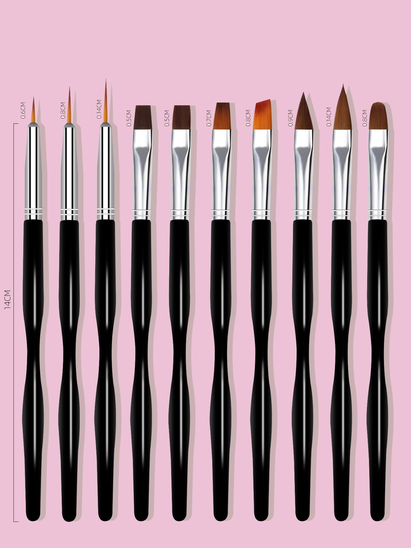 Set di pennelli per nail art, 10 pennelli per nail art, pennelli professionali per nail art, pennelli sottili per unghie, neri