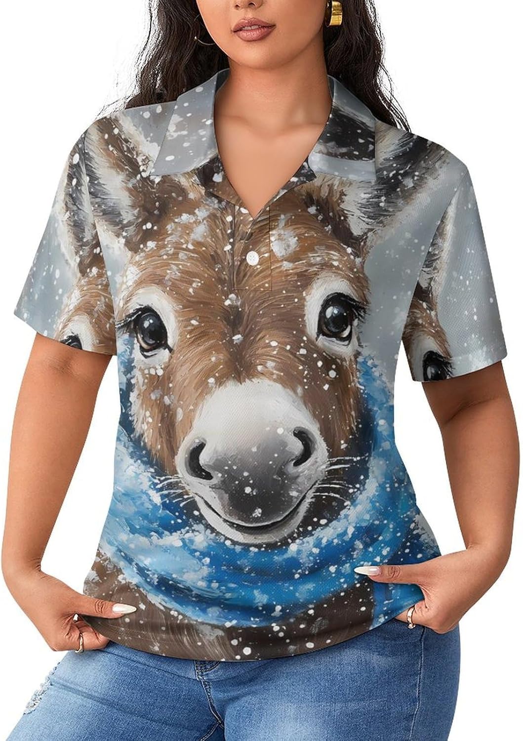 Donkey in Snowy Day Women's Golf Polo Shirts Short Sleeve Quick Dry Tennis Tops Casual Work Blouses