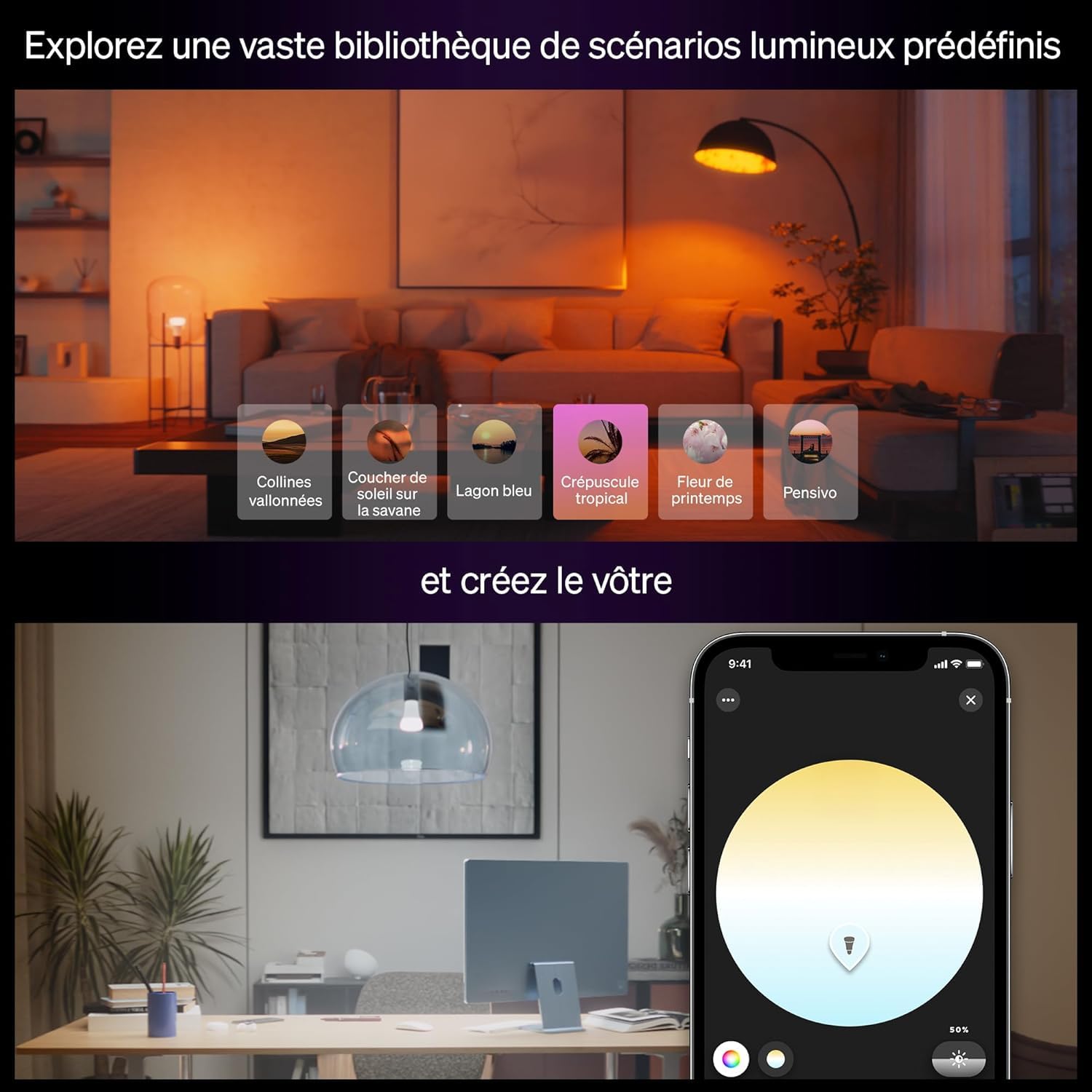 Philips Hue Ampoule connectée LED A60, White and color, Ampoule Philips Hue E27, 6 W, Spectre complet 1000-2000 K, 810 lm, Intensité variable, Compatible Alexa, Google et Apple Home, pack de 4