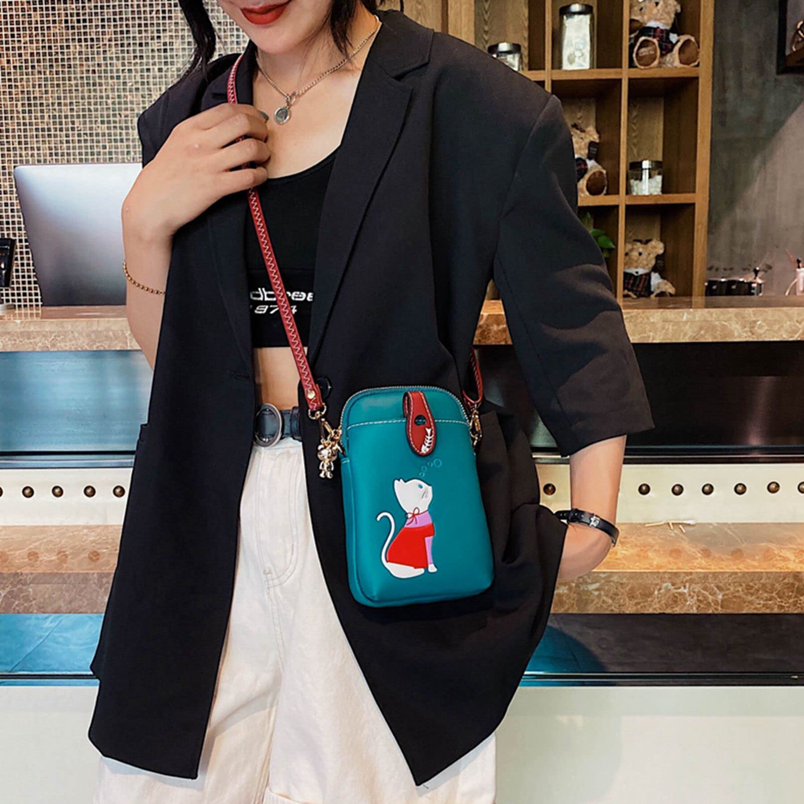 Pequeña bolsa cruzada para teléfono celular para mujer, de piel sintética, con lindo gato, bolso de hombro, billetera de poliuretano, Azul eléctrico 2