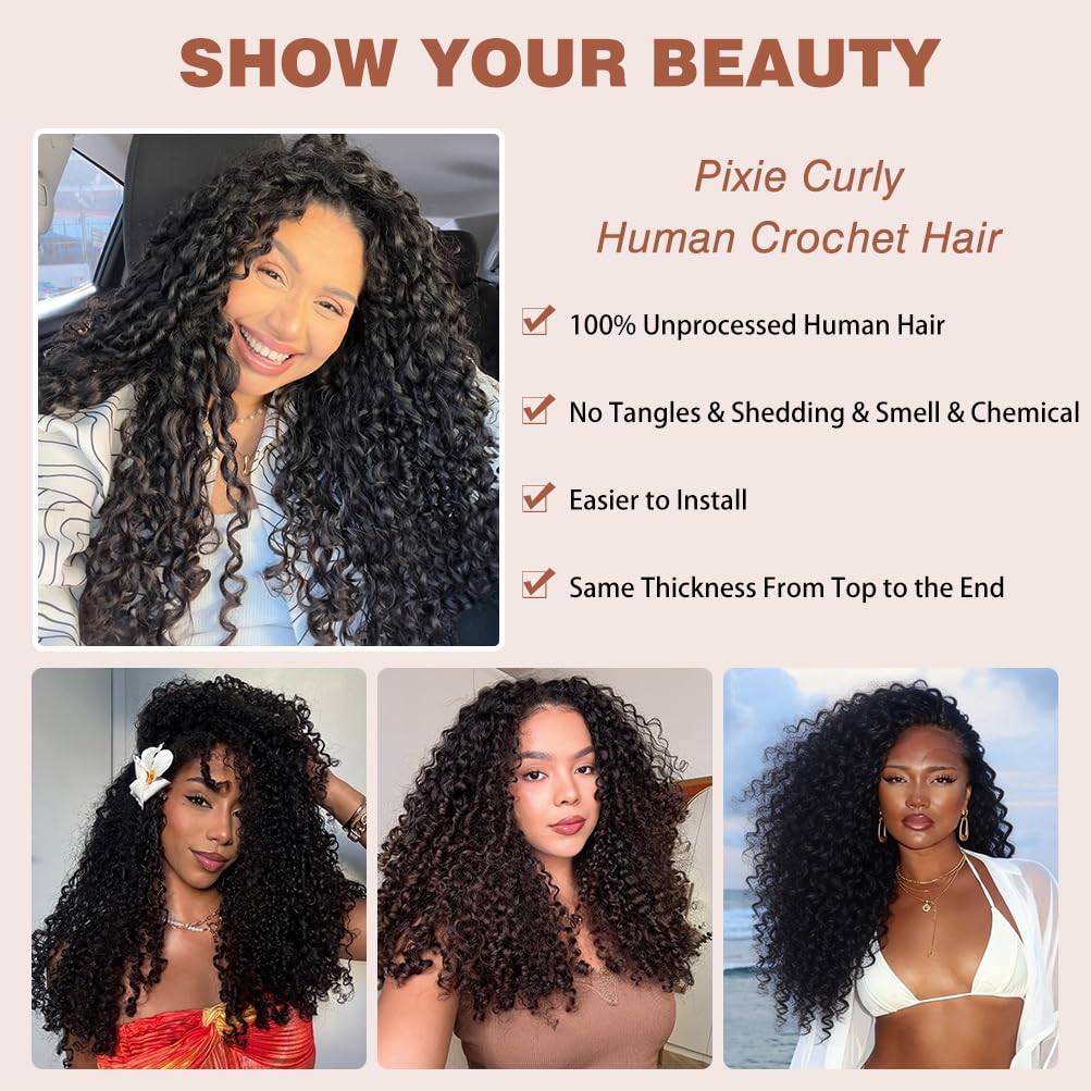 Miracle Knots Hair Pixie Curly Crochet Human Hair for Black Women Raw Feather Crochet Human Curly Hair 16 Inch 120g/pack Brazilian Pre-Separated Invisible Virgin Human Crochet Hair Natural Color
