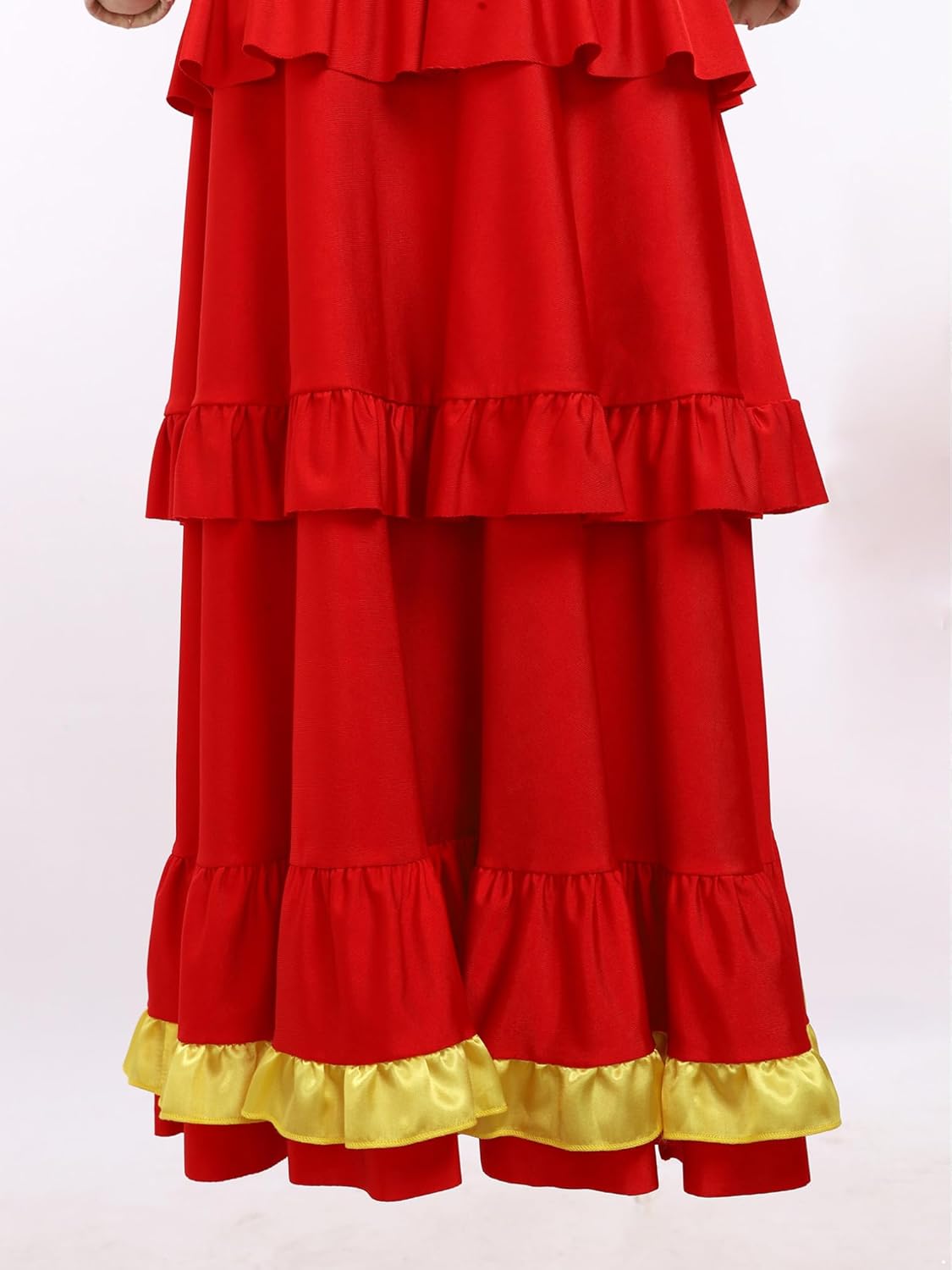 FEESHOW Girls Flamenco Dance Outfits Half Sleeve Tassels Crop Top with High Waist Ruffle Long Skirt for Stage Performance Red 14 Years