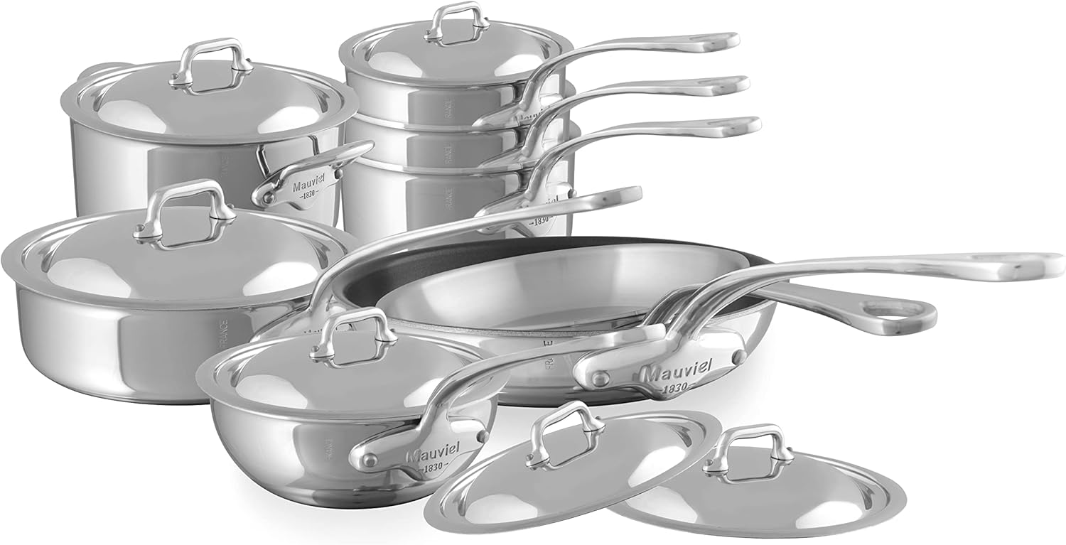 Mauviel M'Cook 5-Ply Polished Stainless Steel 14-Piece Cookware Set With Cast Stainless Steel Handles, Made In France