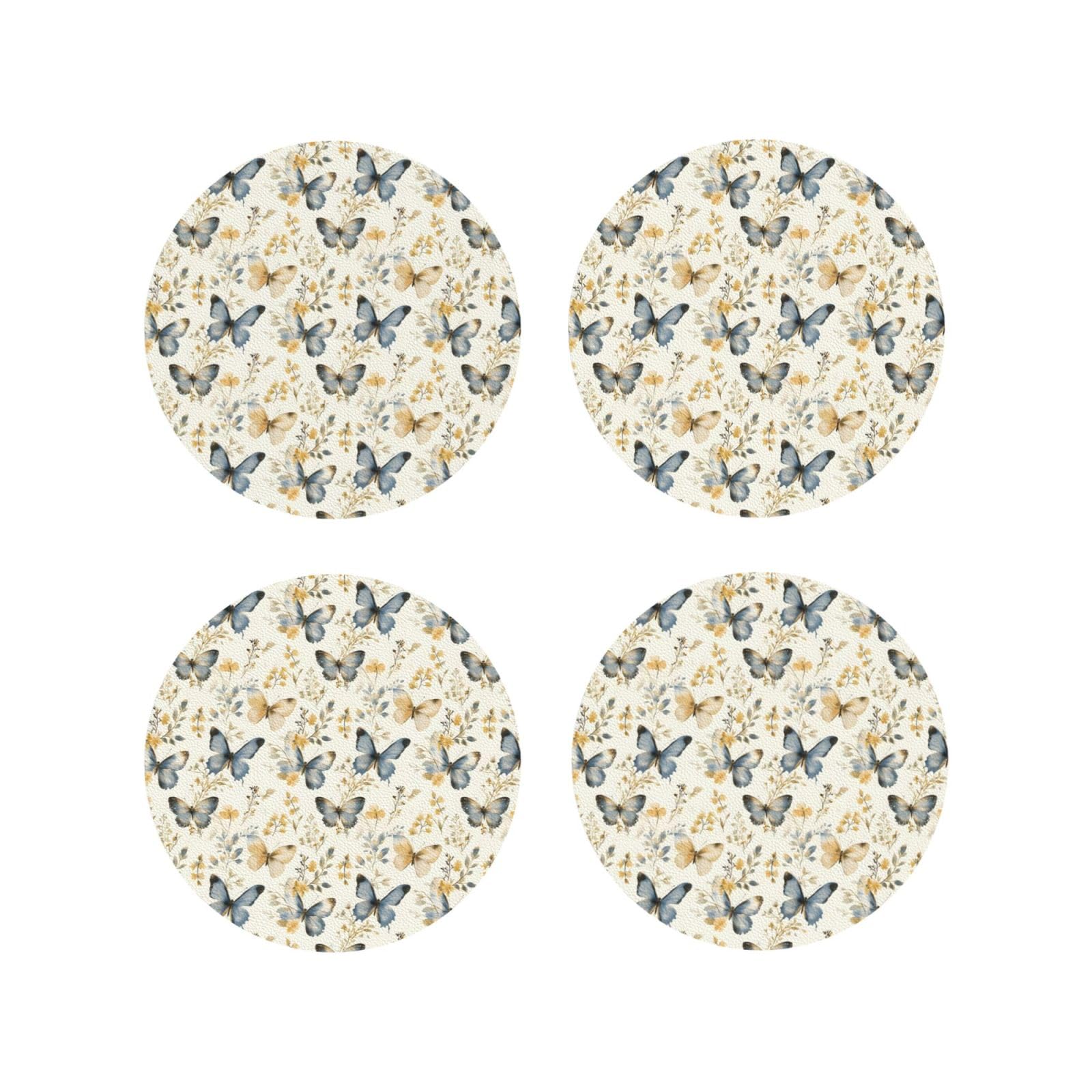 Leather Coasters Set of 4 - Flower Butterfly Print Lightweight Drink Coasters for Desk