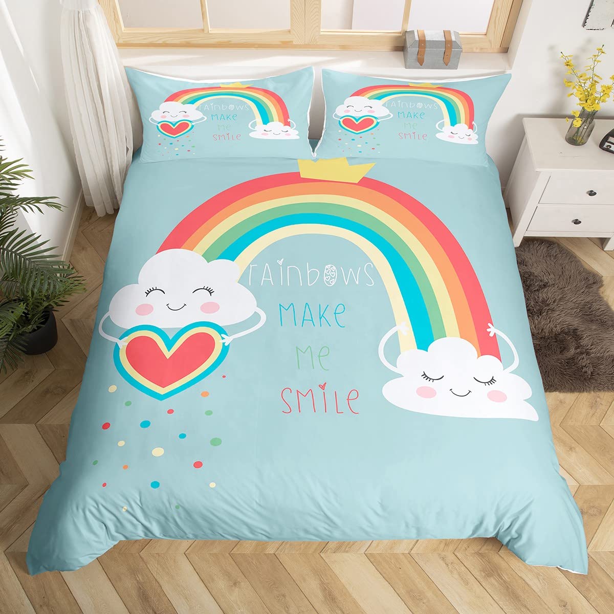 Housse De Couette Enfant 120x150 Cm Avec Taie D'oreiller 40x60 Cm - Motif Nuages Arc-en-ciel Cœurs, Microfibre Douce - Parure De Lit 2 Pièces Pour Chambre D'enfant
