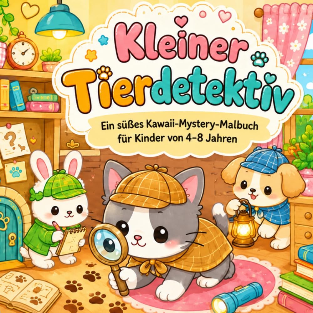 Kleiner Tierdetektiv: Ein süßes Kawaii-Mystery-Malbuch für Kinder von 4–8 Jahren mit Tierdetektiven, Spurensuche, geheimen Missionen, spannenden Ermittlungen und einseitig bedruckten Ausmalbildern