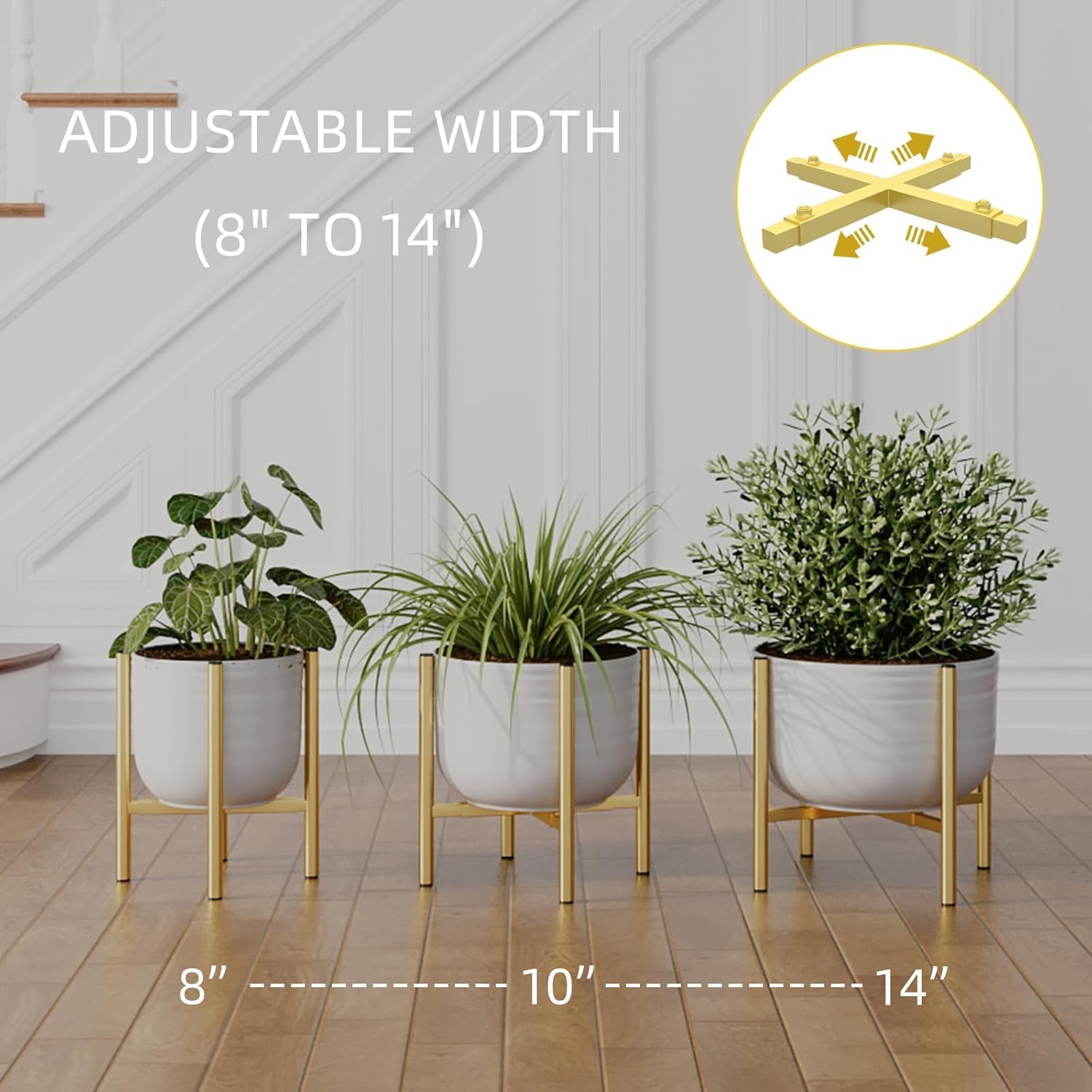 Plant Stand Indoor for 2 Height Options ,Mid Century Modern Outdoor Planter Holder,Corner Plant Stand Capacity of 160LB for 8 to 14 Inch Pots Golden with Round Plate