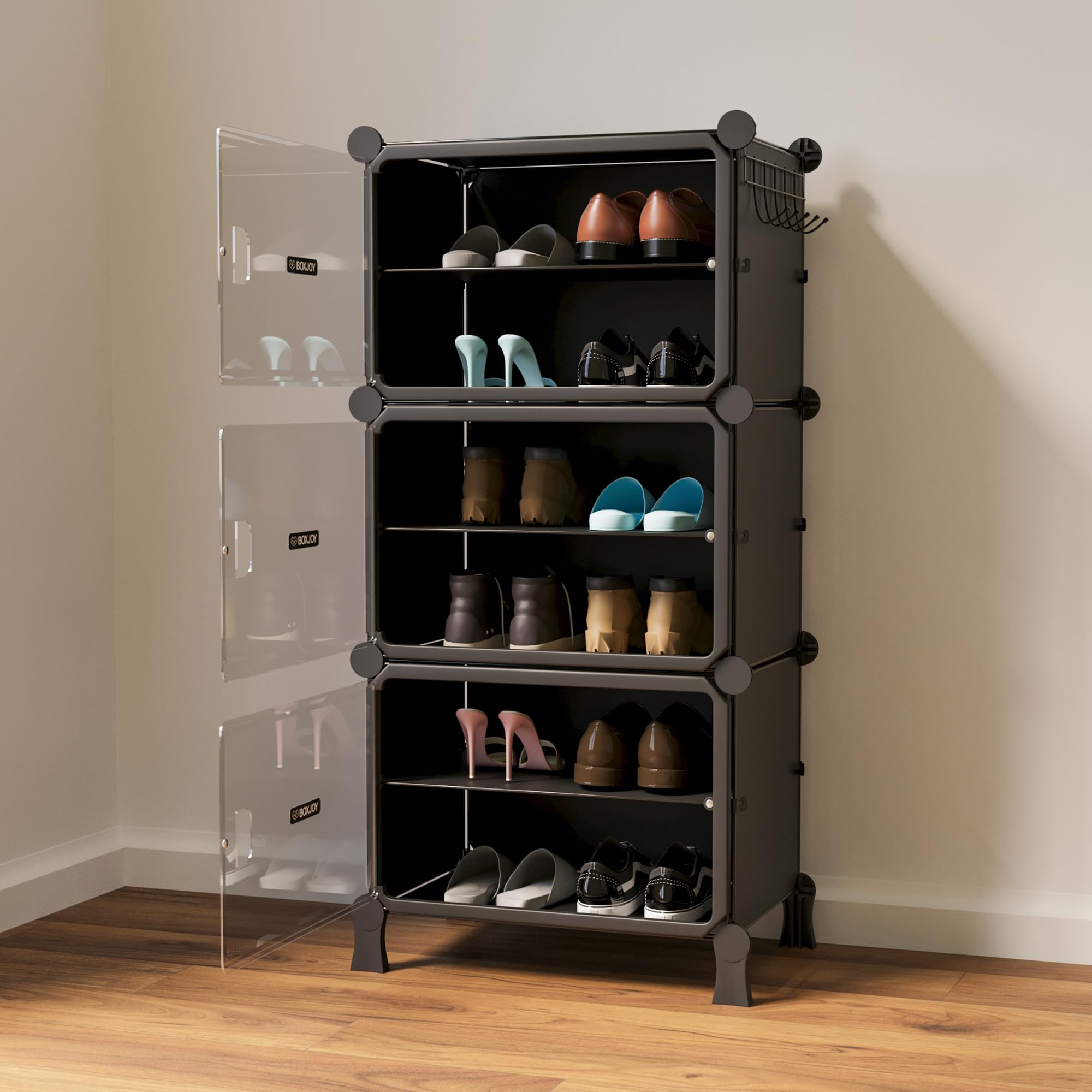 BOXJOY 6 Shelf Shoe Rack with 3 Doors, Magnets and 5 Hook Steel Holder for Home Storage Box Organizer, Hard PET Plastic with Metal Frame, Shoe Chappal Slipper Sandals Stand(Black, Transparent Door)
