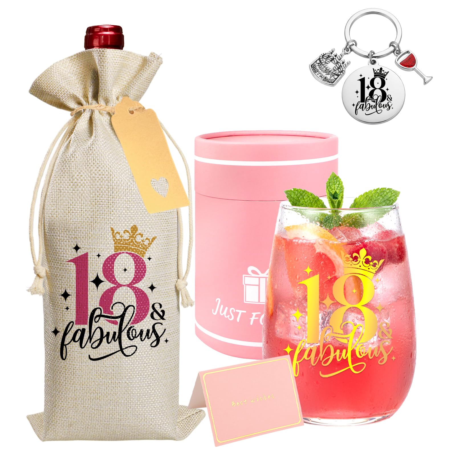 Geschenke zum 18. Geburtstag für Mädchen und sie, personalisiertes Weinglas mit Flaschentasche, Schlüsselanhänger und Karte, Weingläser-Set zum 18. Geburtstag, für Jahrestag, beste Freundin