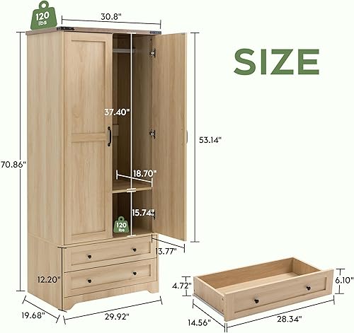 Vista 2 de Yechen Armario Ropero de Madera de 71" - Armario Ropero Closet Moderno Funcional para Ropa, Gabinete de Almacenamiento Alto con Estante Ajustable