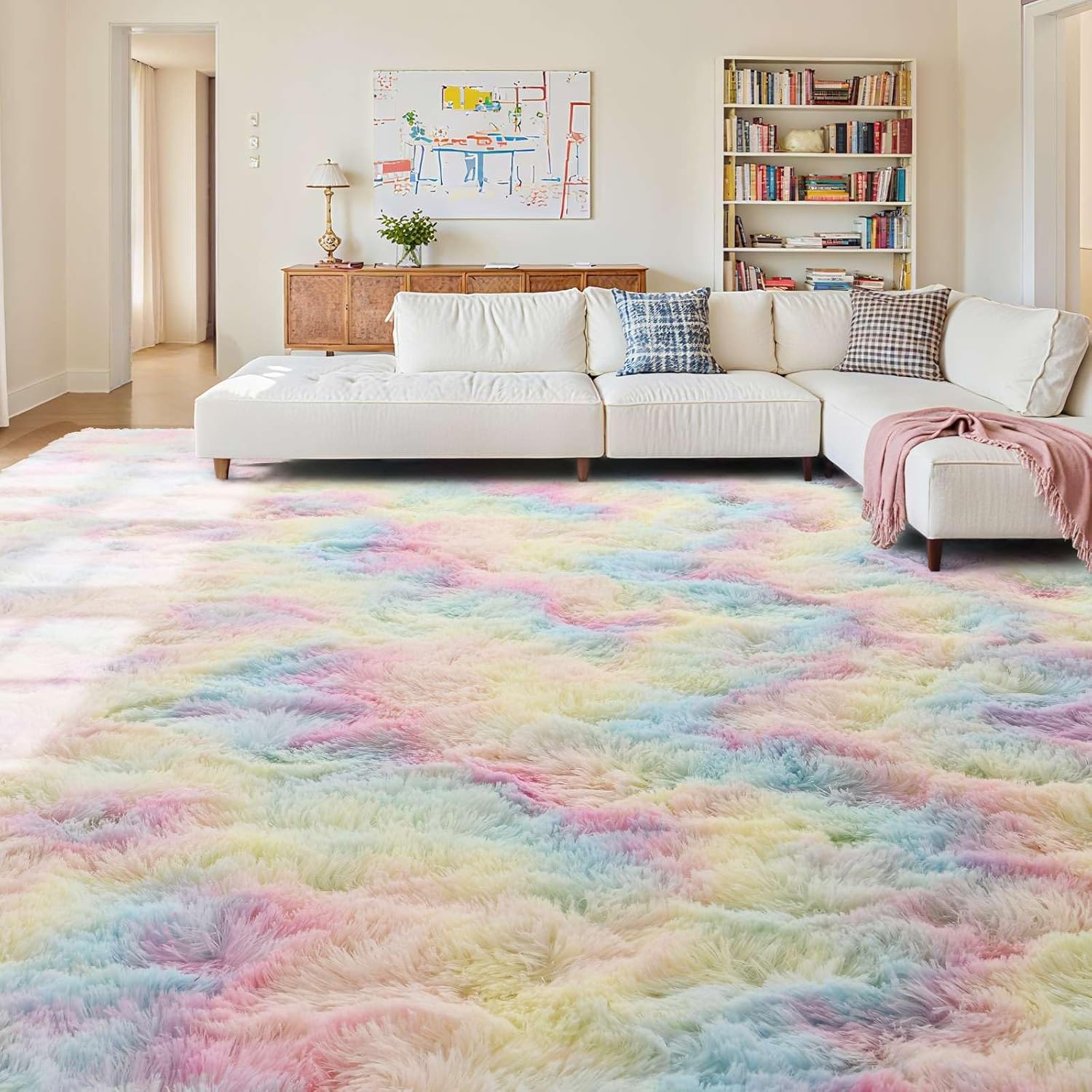 6x9 Ft Large Shag Kids Colorful Rug for Living Room, Ultra Soft Fluffy Furry Area Rugs for Nursery Bedroom Indoor Floor, Girls Aesthetic Carpet Home Decor (Rainbow) H-rainbow 6' x 9' (Rectangular)