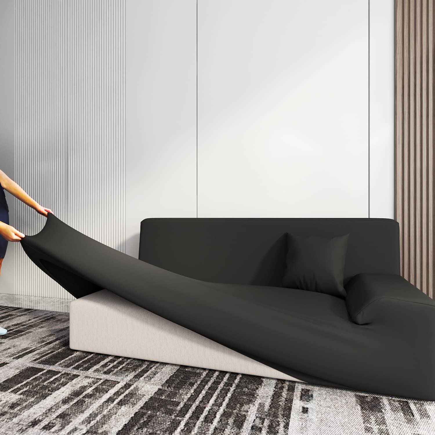 JULAND Couch Cover for Sectional Sofa L Shape, 2-Piece Sofa Covers Non Slip, 3 Seat Sofa + 3 Seat Chaise Furniture Protector Couch Slipcover with Pillowcases, Great for Kids & Pets (Black)