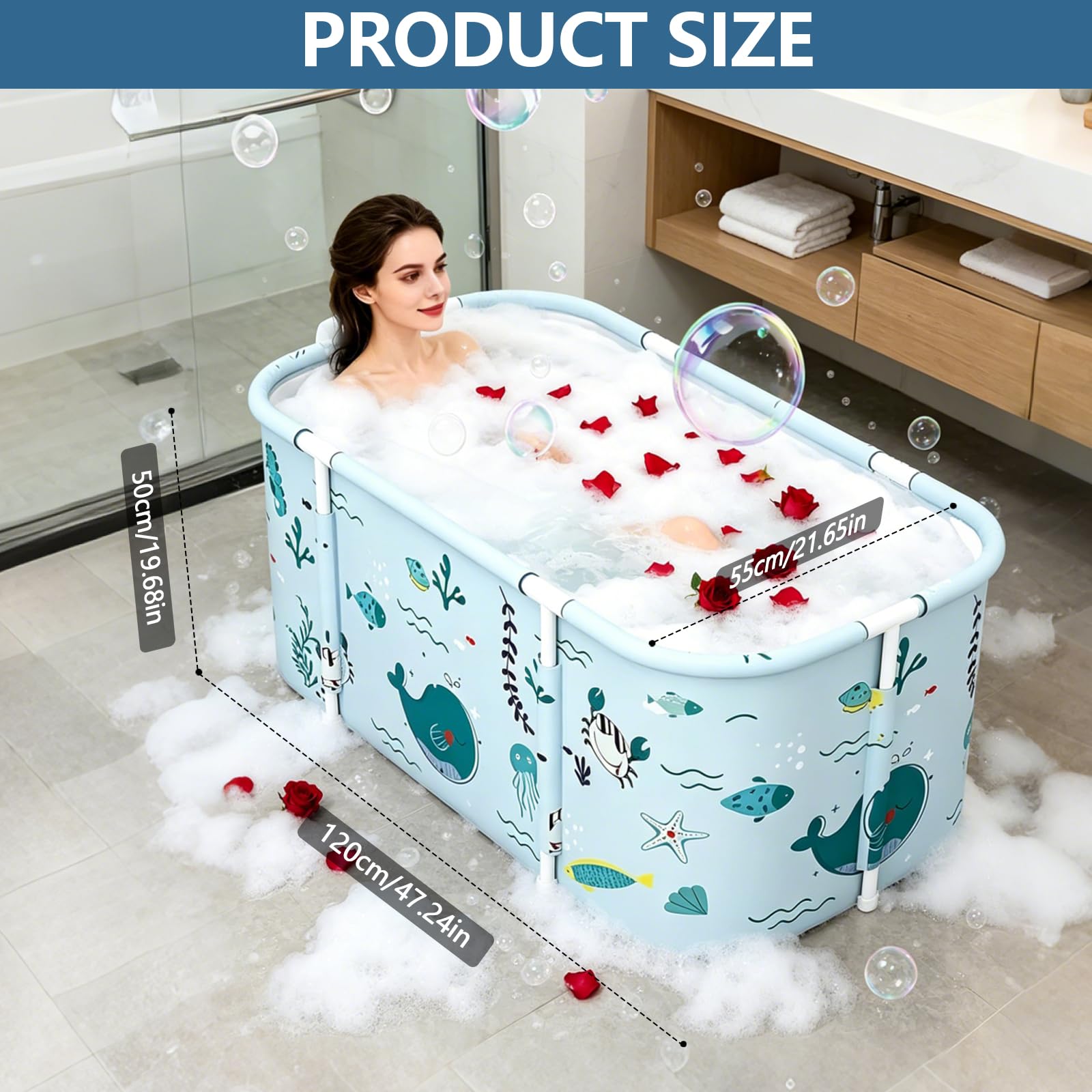Vasca da Bagno Portatile, Vasca da Bagno Pieghevole per Adulti con Cuscini per Interni ed Esterni, Doccia Idromassaggio SPA, 120 x 55 x 50 cm (Azzurro)