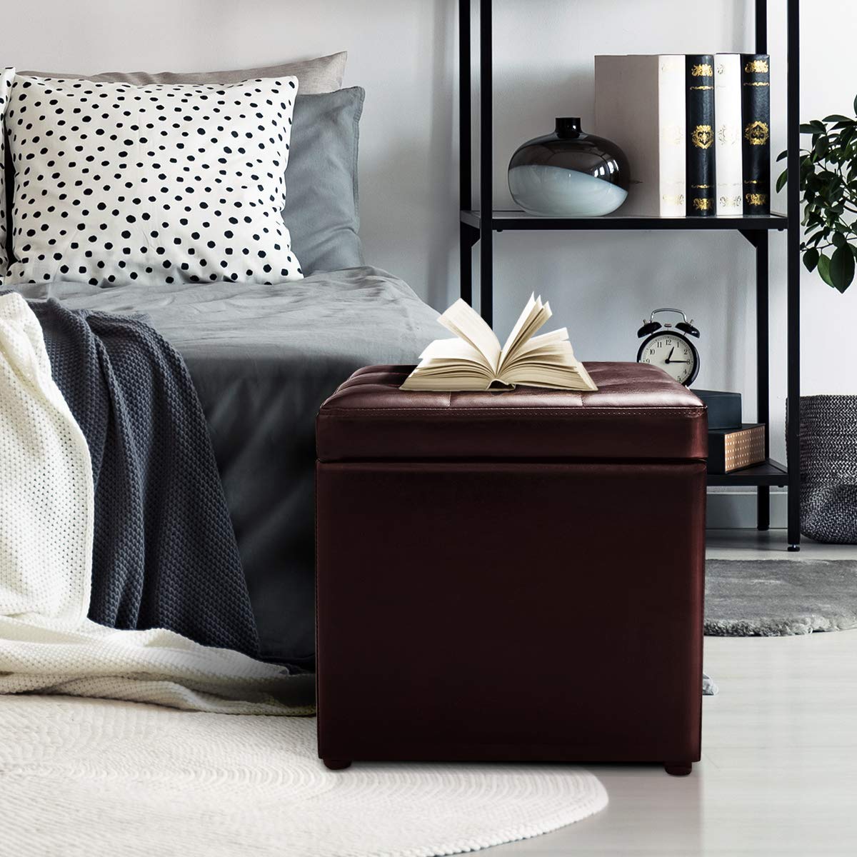 COSTWAY Baul Almacenaje Dormitorio, Puff Almacenaje Plegable 40x40x40cm, Puff Banco con Almacenaje con Capacidad de 300 kg, Reposapiés Sofa para Sala de Estar, Dormitorio, Entrada, Marrón