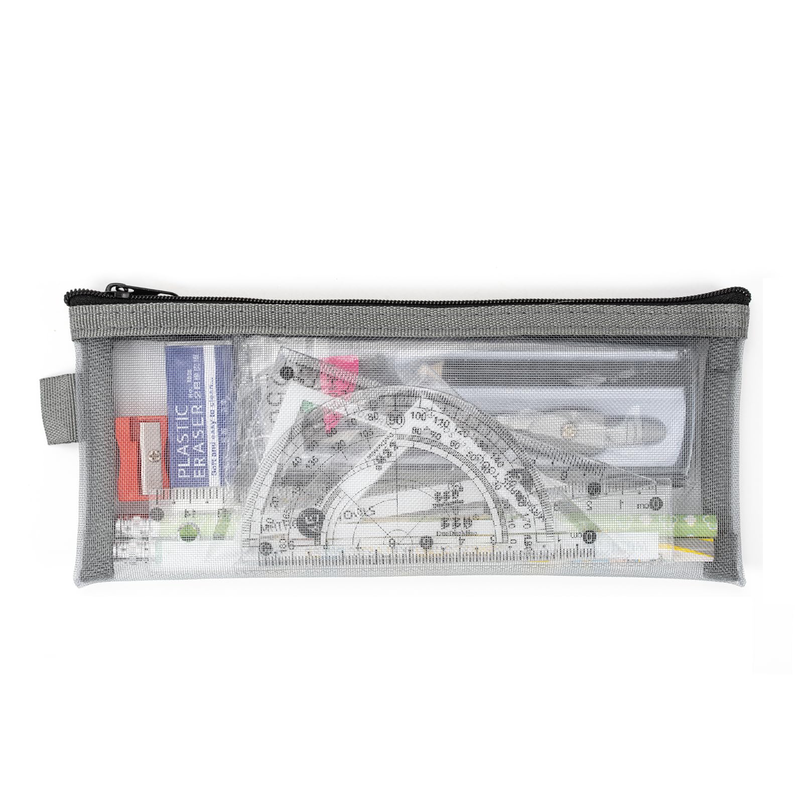 Clear Pencil Case for GCSE Exams,Maths Sets for Secondary School Stationery Set,Mesh Pencil Case,Geometry Sets Includes Pencil, Sharpener, Ruler, Eraser, Protractor and Compass (Grey)