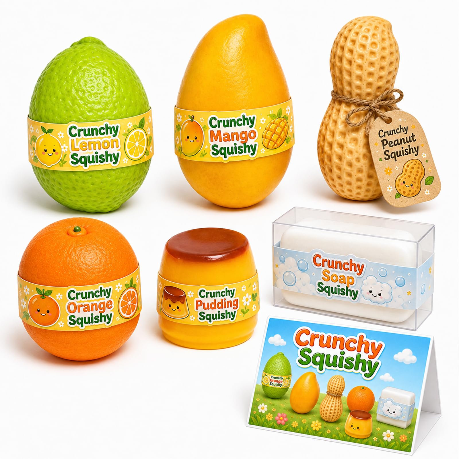 OKESYO 6PCS Crunchy Squishy Peanut Mango Soap Potato Pudding Stress Ball, ASMR Bead Filled, Slow Rising Squeeze Realistic Food Shape Squishies, Gifts for Adults
