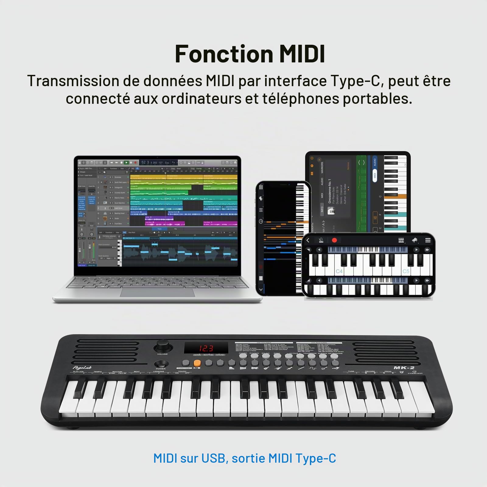 POGOLAB MK-2 Mini clavier 37 touches pour enfants avec 40 chansons/200 sons/200 rythmes, fonction MIDI, écran LED, double haut-parleur, claviers électroniques portables pour débutants/adultes, noir