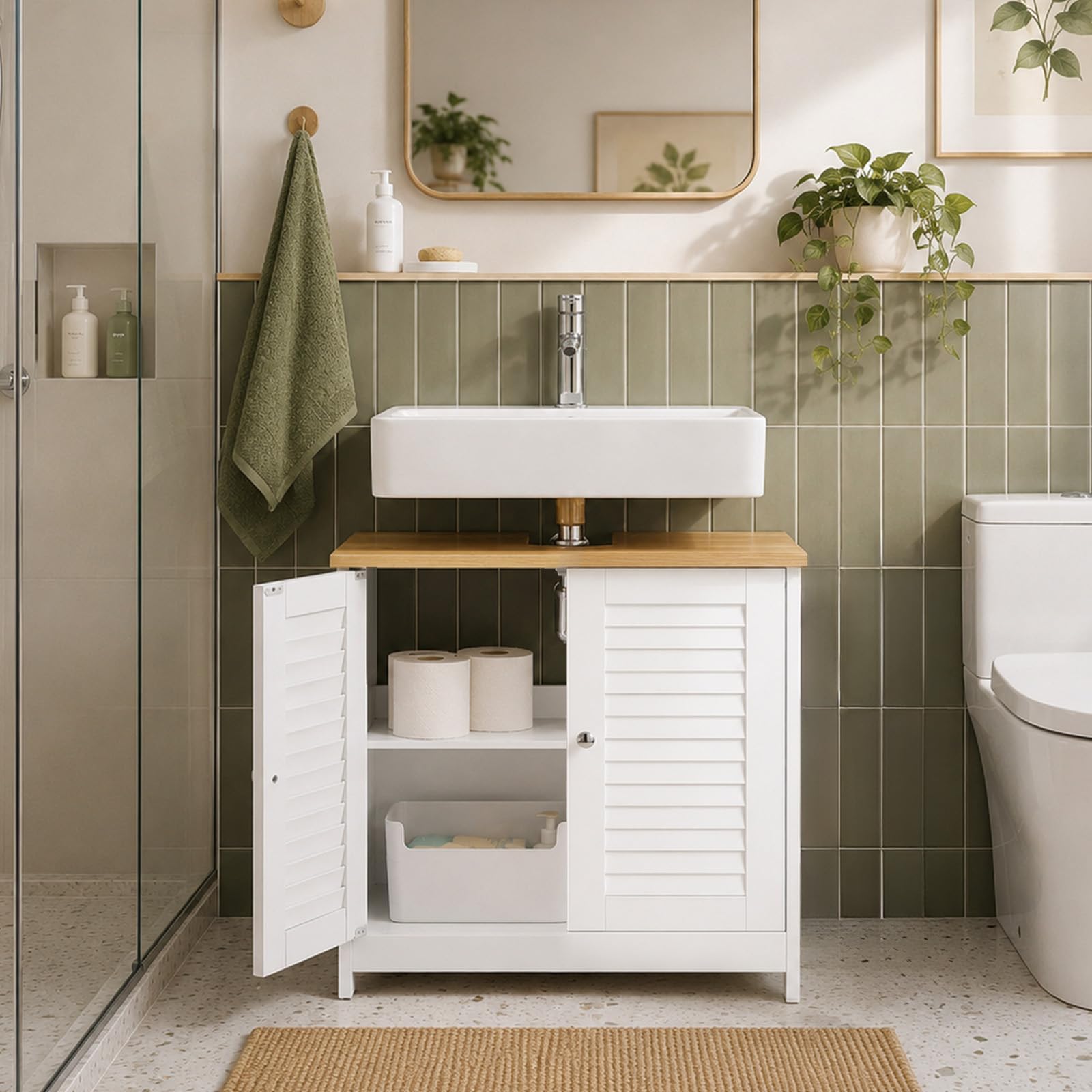 SoBuy Mobile Bagno Salvaspazio Sottolavabo 2 Ante Tapparelle 60x35x59cm | Mobiletto Bagno per Lavabo con Ante In Stile Tapparelle, Bianco-Naturale, L60P35A59cm, FRG237-WN
