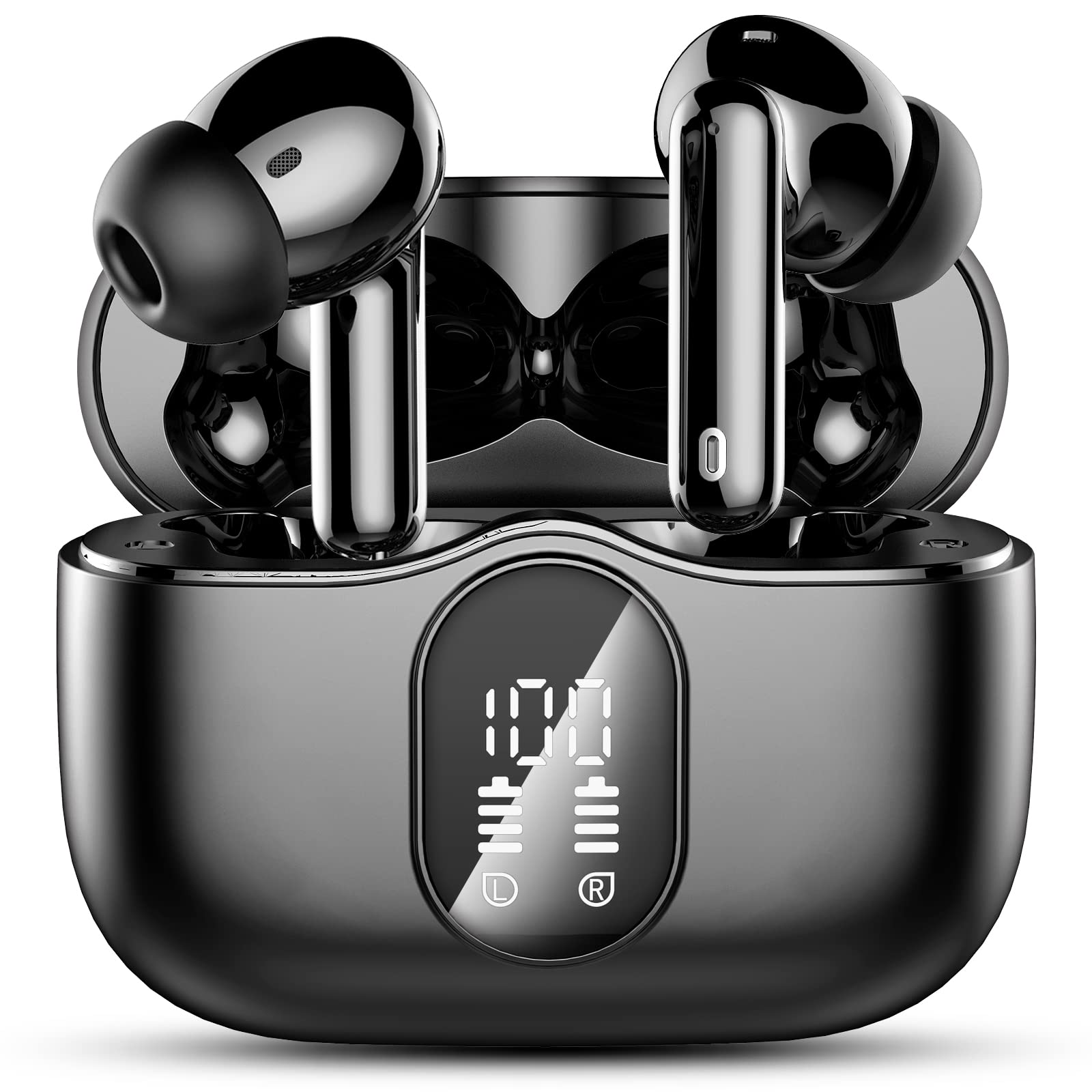 Btootos Cuffie Bluetooth 5.4 con 4 Mic In Ear HiFi Stereo, 36Ore LED Display IP7 Impermeabili, Touch Control Nero