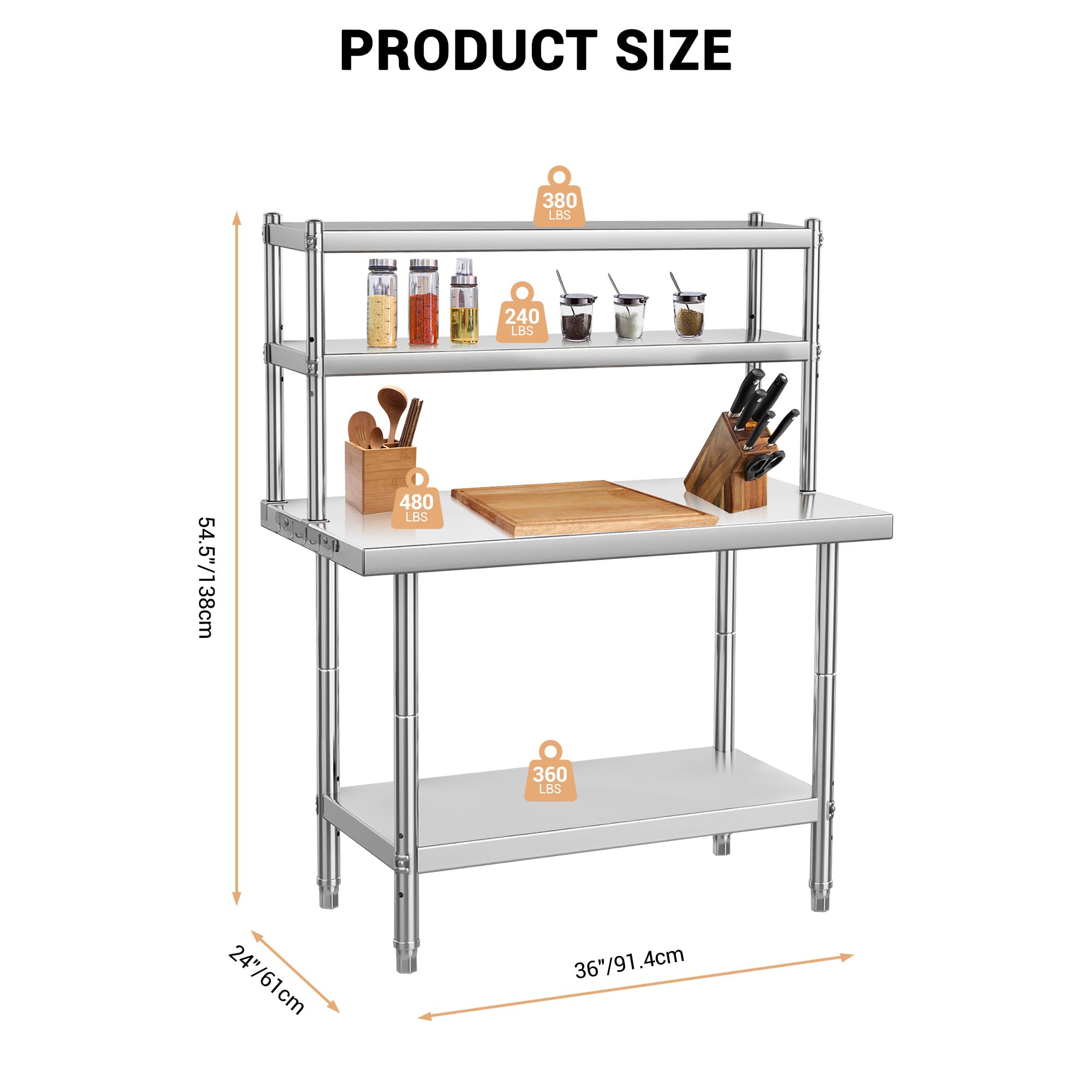 Carrello in acciaio inox con ripiano su 2 livelli, tavolo in acciaio inox con gambe regolabili in altezza, piano di lavoro in acciaio inox per esterni e interni